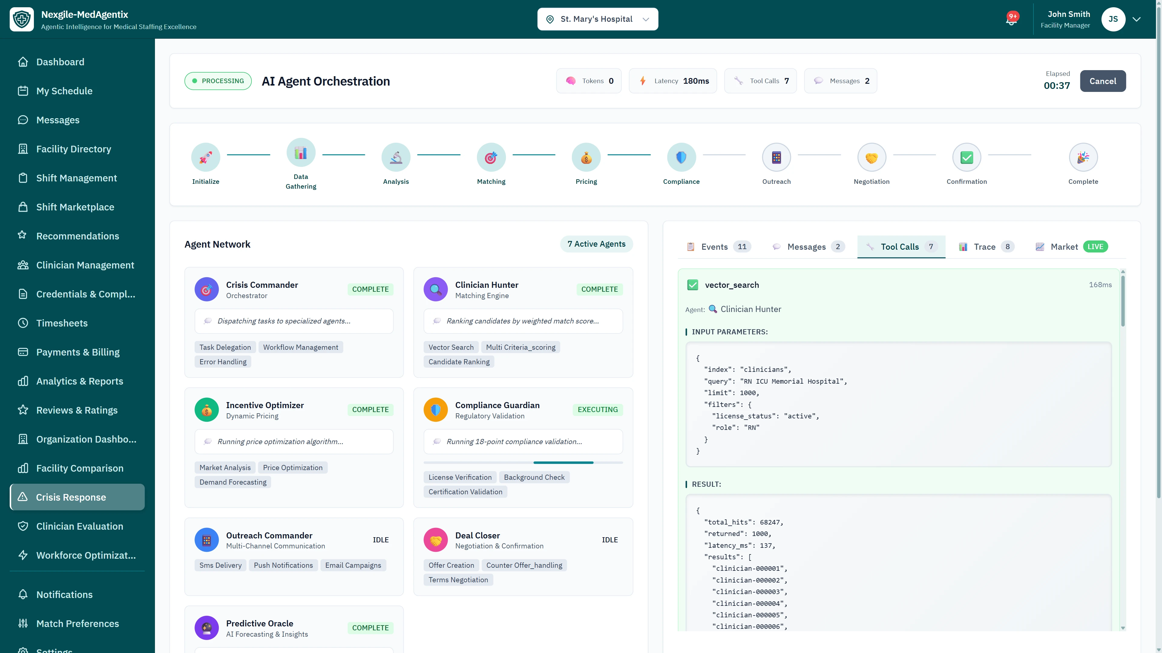 AI Agent Orchestration - Seven specialized agents (Crisis Commander, Clinician Hunter, Incentive Optimizer, Compliance Guardian, Outreach Commander, Deal Closer, Predictive Oracle) working in parallel with real-time tool execution