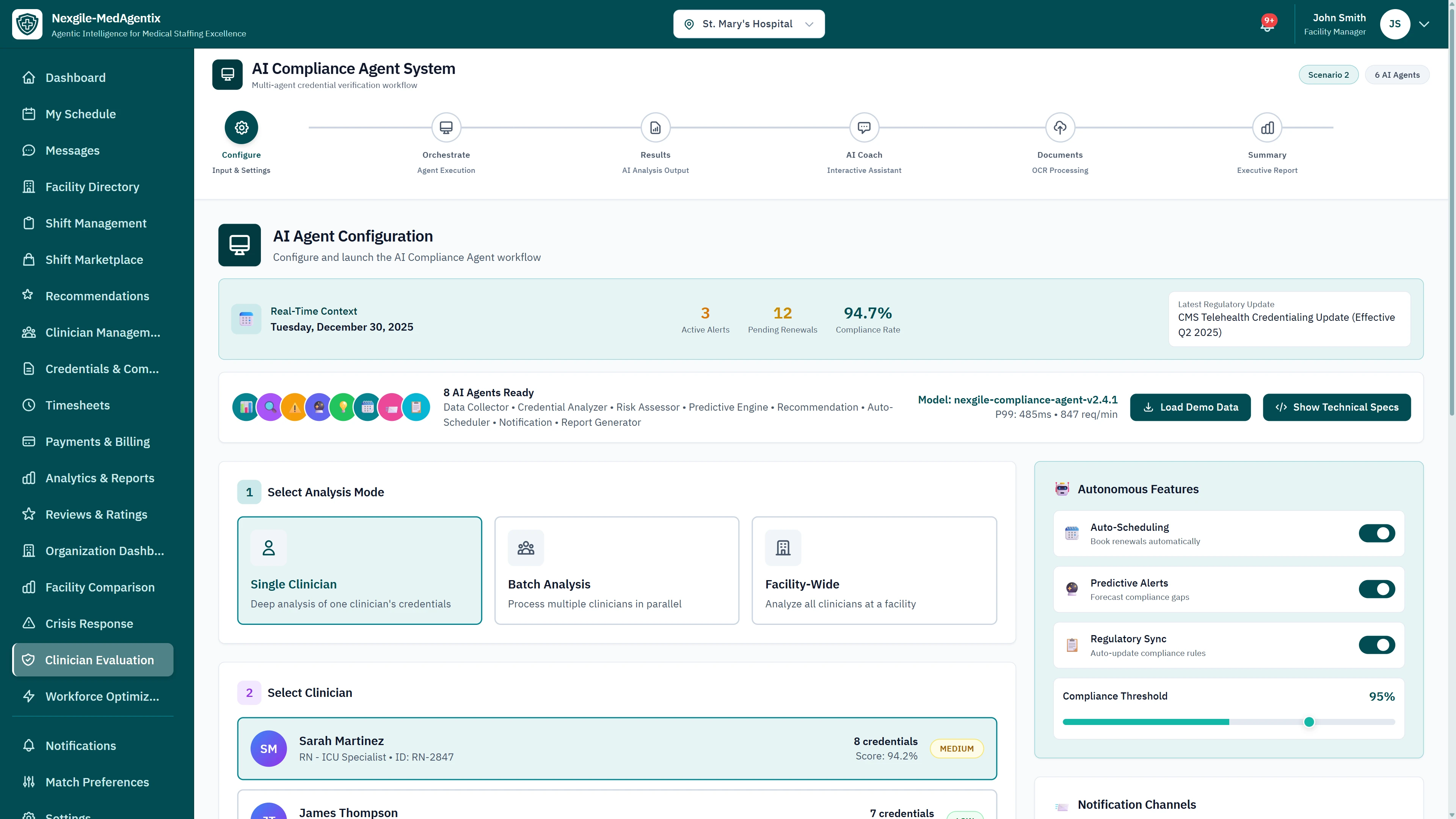 AI Compliance Agent Configuration - Analysis mode selection (Single Clinician, Batch Analysis, Facility-Wide), clinician selection with credential scores, and autonomous features including auto-scheduling and predictive alerts