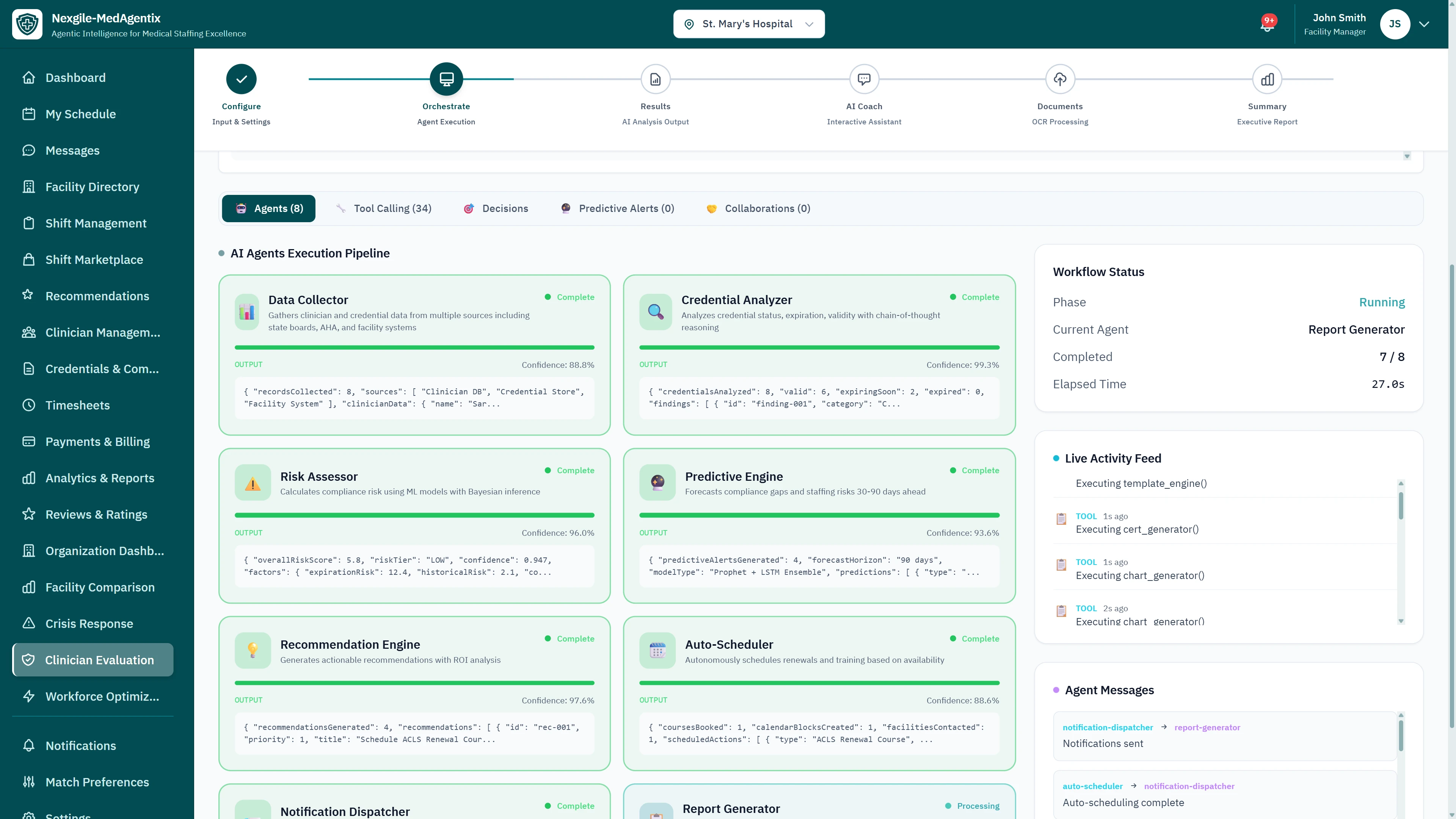 AI Agents Execution Pipeline - Eight specialized agents (Data Collector, Credential Analyzer, Risk Assessor, Predictive Engine, Recommendation Engine, Auto-Scheduler, Notification Dispatcher, Report Generator) with real-time workflow status and live activity feed
