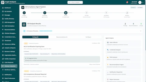 AI Analysis Results - Compliance findings showing ACLS Certification Expiring Soon and ICU Competency Renewal Required with AI suggested actions and agent outputs summary