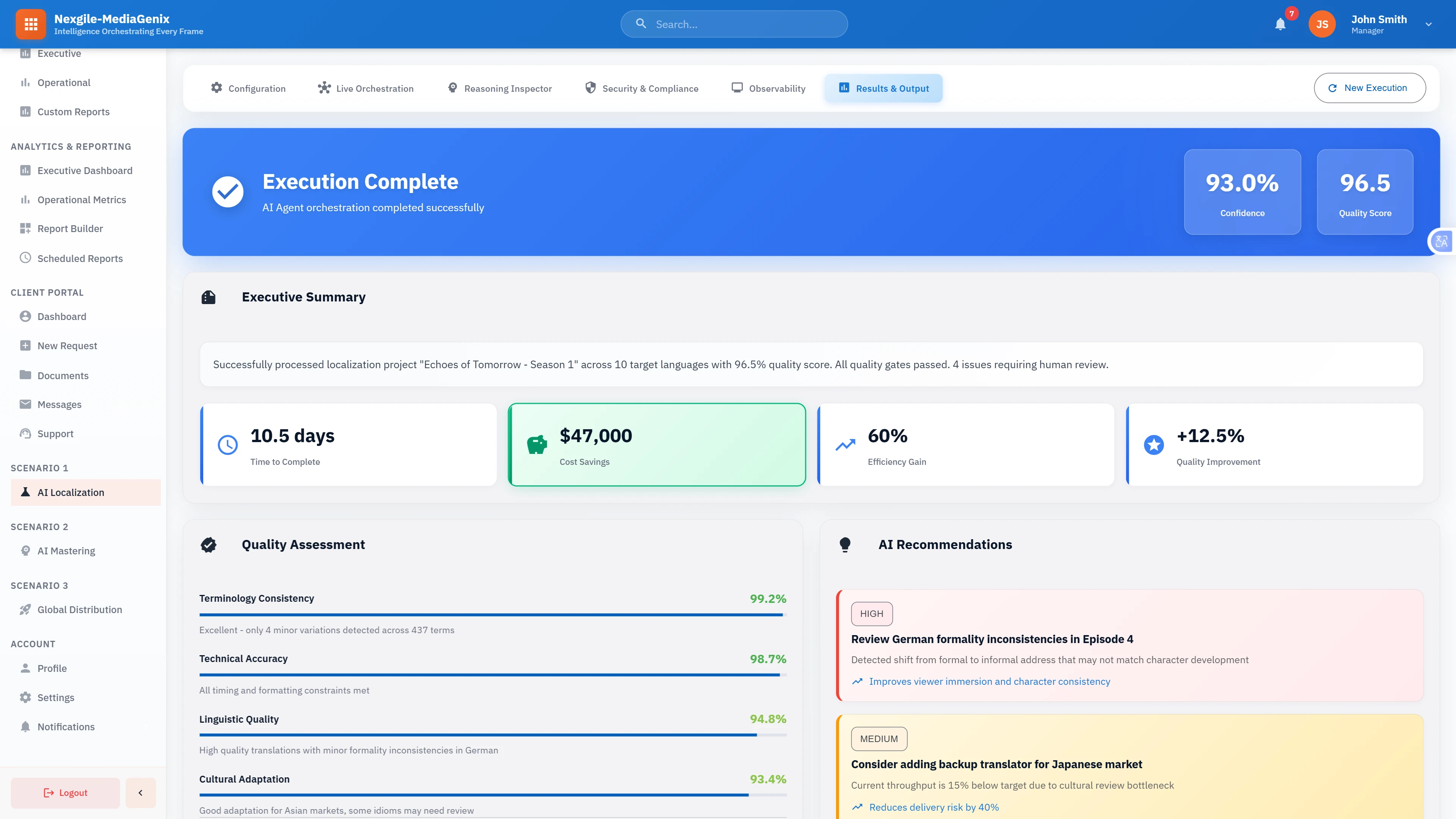 Execution Results: Completed localization workflow showing quality assessment scores, terminology consistency metrics, AI-generated recommendations, and business impact analysis