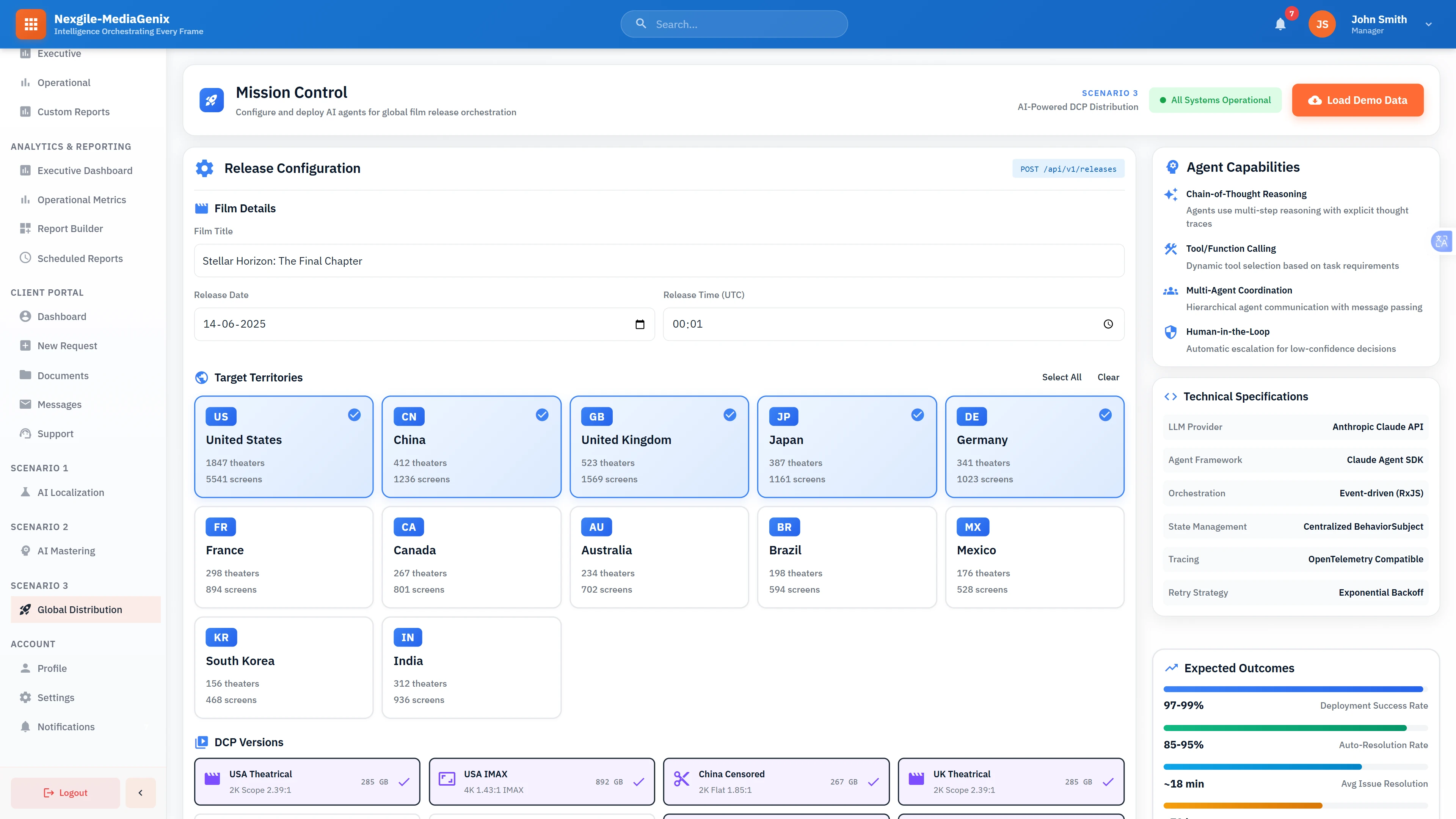 Mission Control Configuration: Global film release setup with target territory selection across multiple regions, DCP version management, agent capability specifications, and expected deployment outcomes