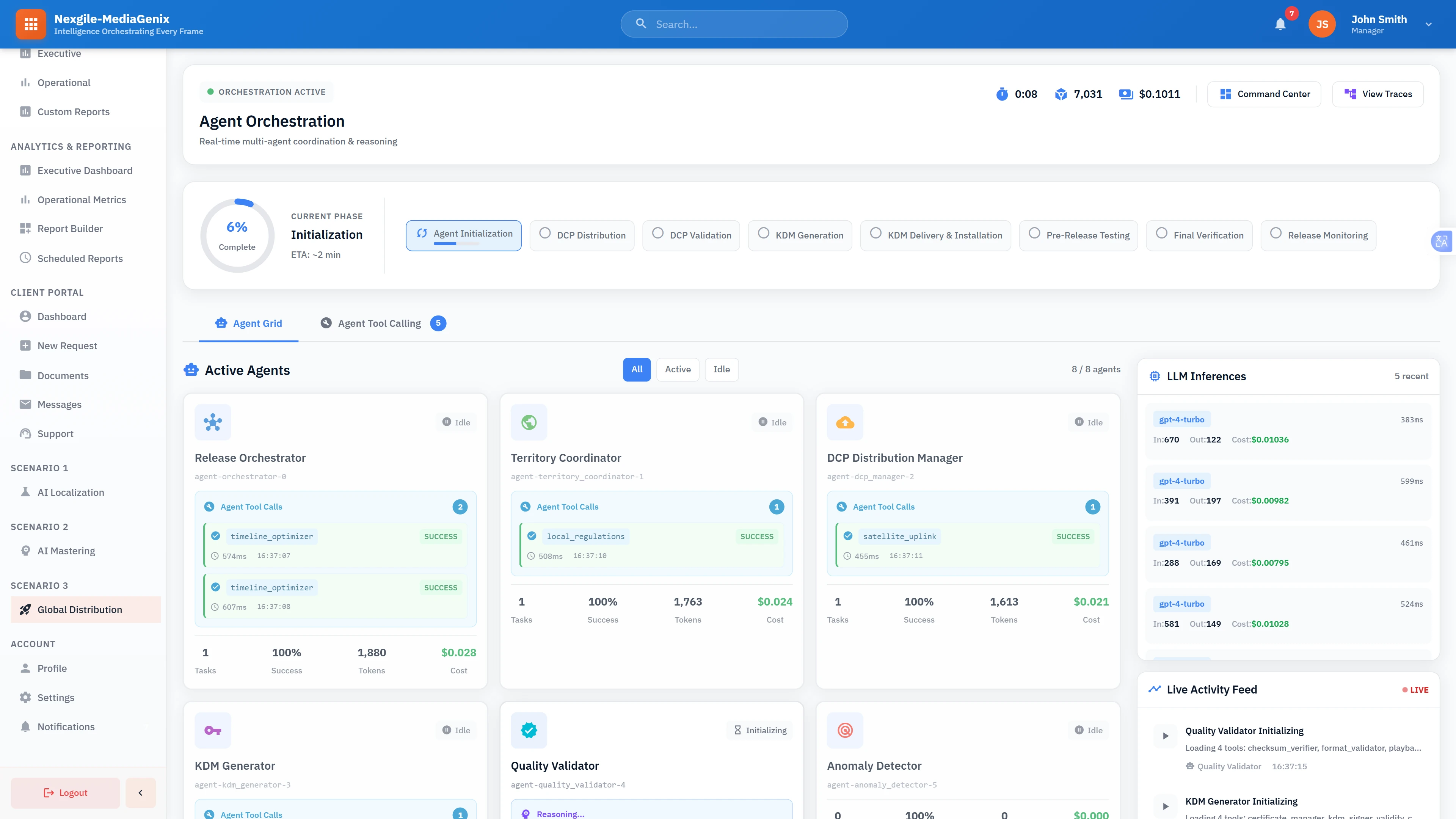 Agent Orchestration Dashboard: Real-time multi-agent coordination showing Release Orchestrator, Territory Coordinators, DCP Distribution Manager, KDM Generator, and Quality Validator with live activity feed and LLM inference tracking