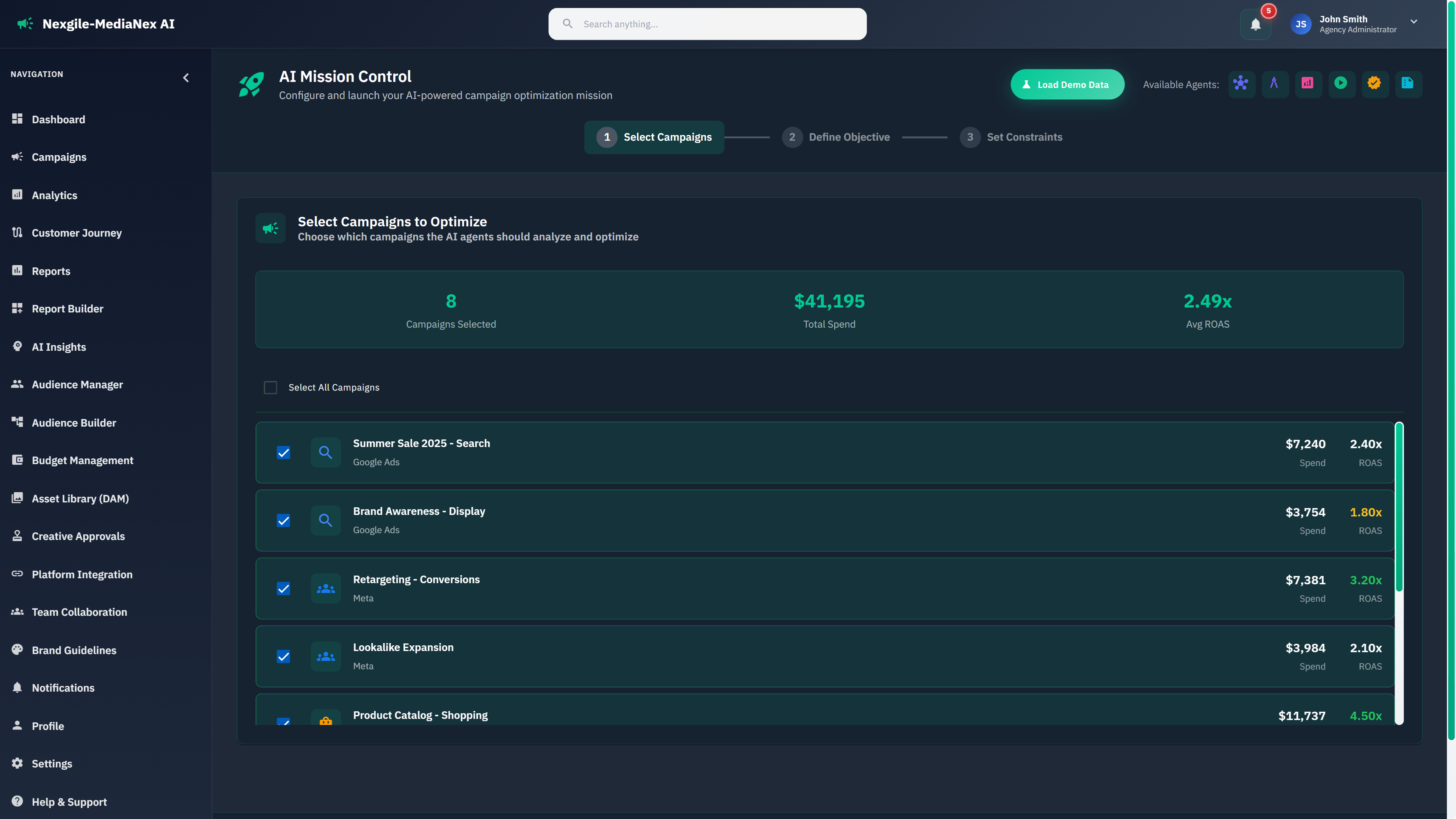 AI Mission Control - Campaign selection interface for configuring optimization objectives