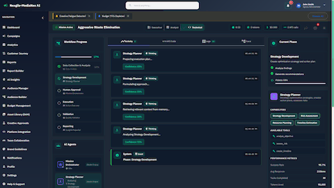 Real-time agent workflow monitoring showing Strategy Planner analyzing optimization strategies