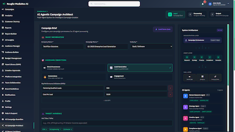 Campaign brief configuration interface showing multi-agent system architecture and input parameters