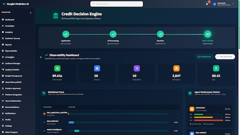 Observability dashboard with OpenTelemetry distributed traces and agent performance metrics