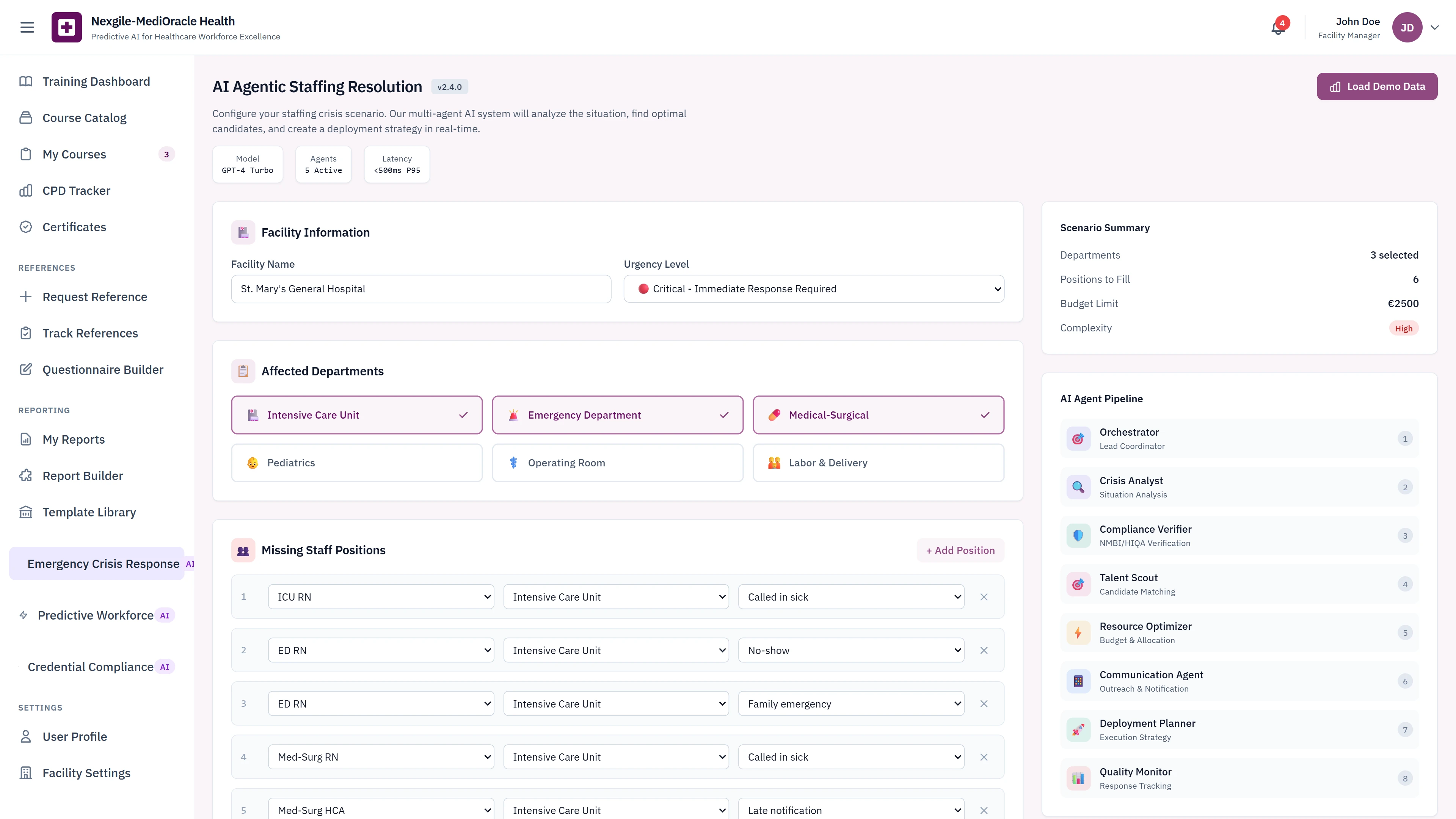 Crisis Configuration - Facility information, affected departments selection, missing staff positions, and AI agent pipeline activation