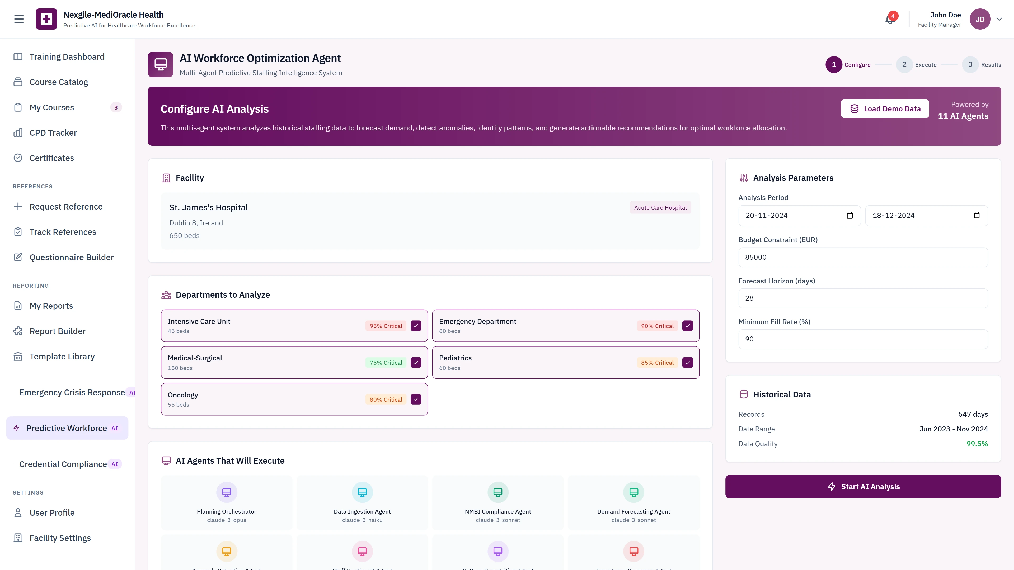 Analysis Configuration - Facility selection, department analysis scope, budget constraints, analysis parameters, and AI agents pipeline setup