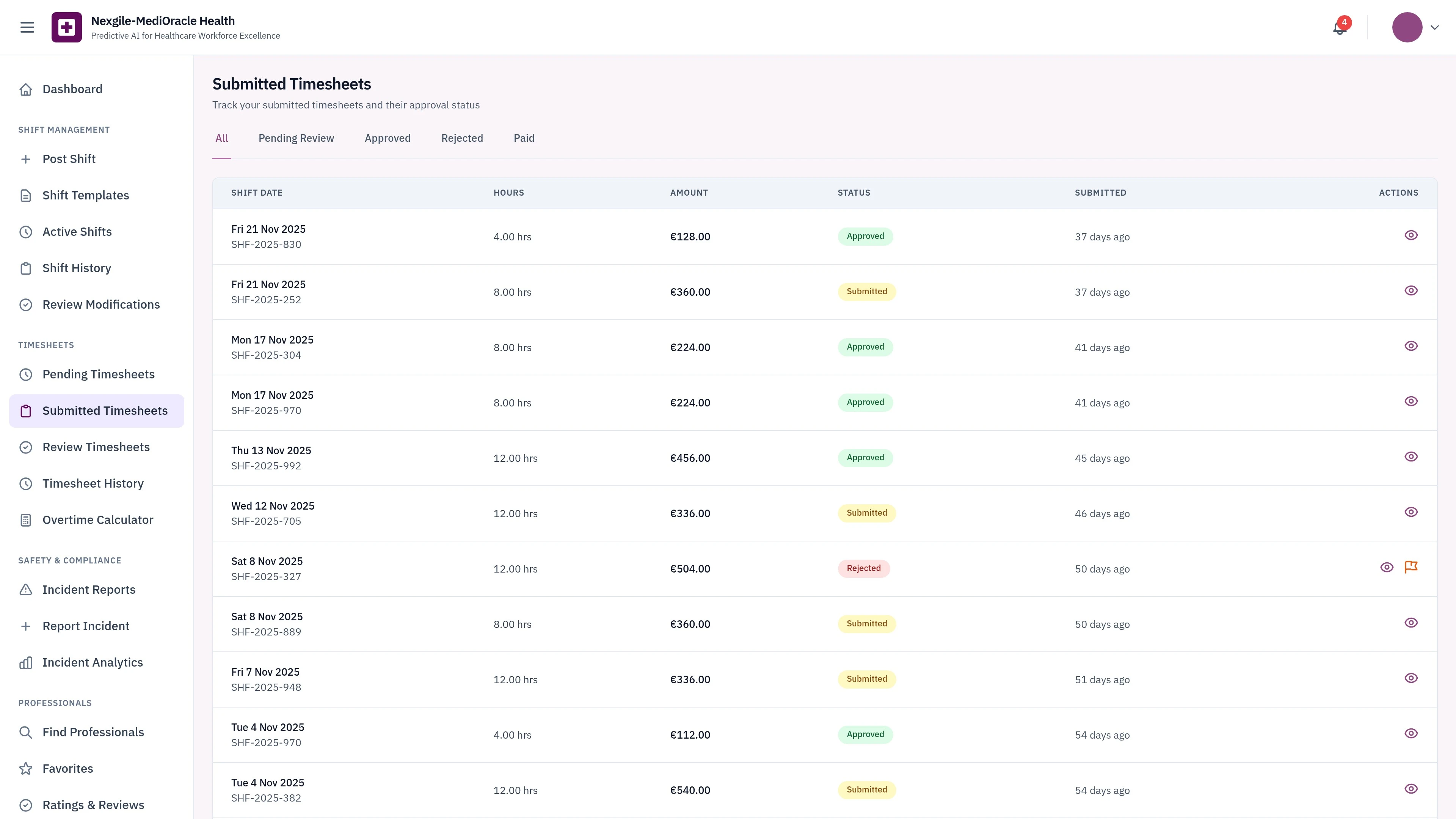 Submitted Timesheets - Digital timesheet management with GPS-verified clock-in/out and approval workflow