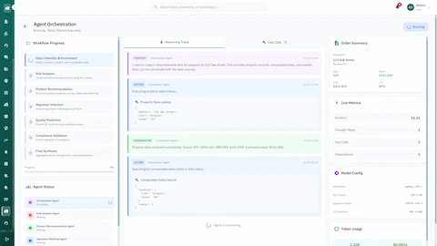 Agent orchestration view with ReAct reasoning trace showing property data lookup, comparable sales search, and live processing metrics