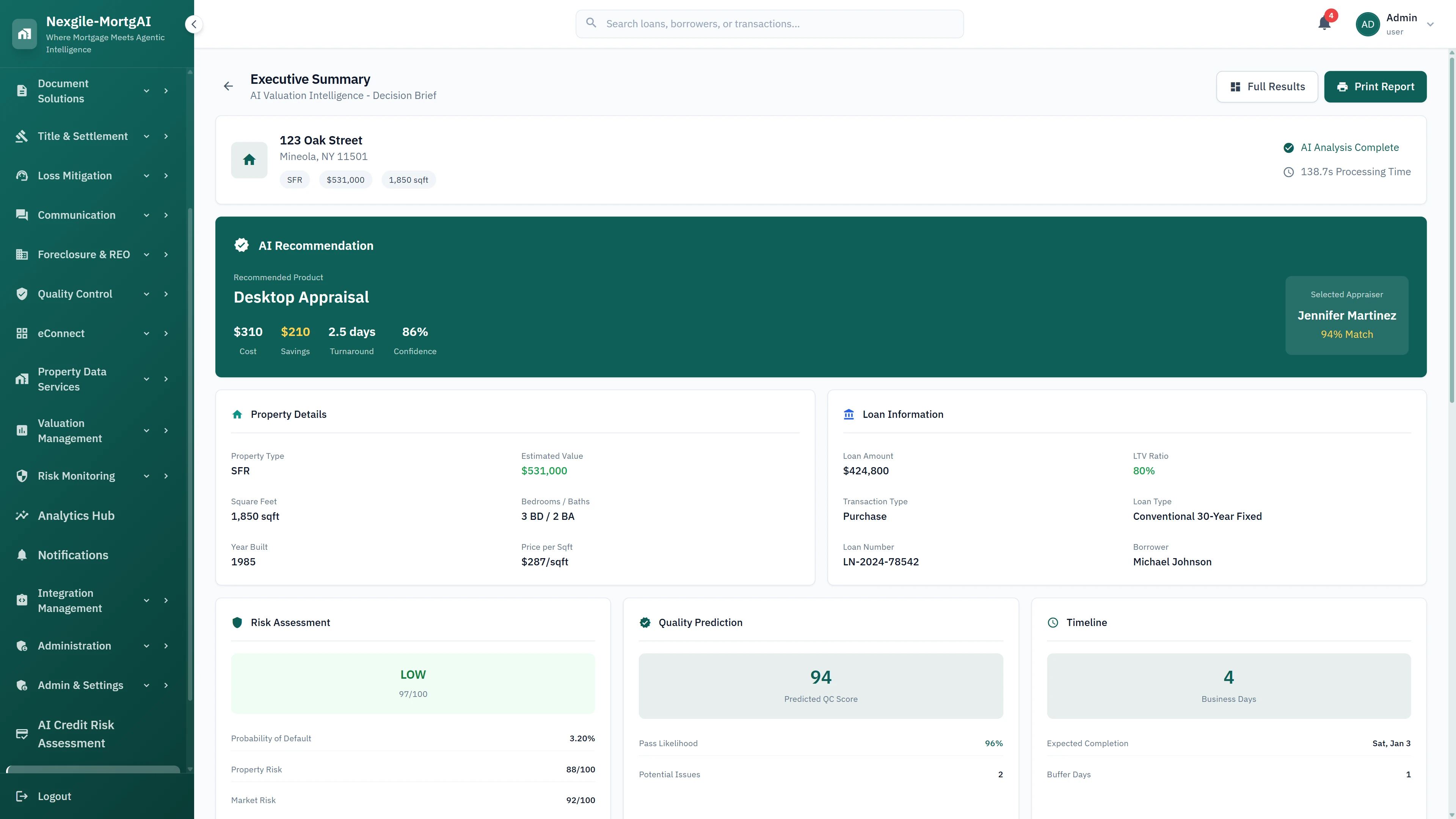 Executive summary decision brief displaying final Desktop Appraisal recommendation with risk assessment, QC prediction, and projected timeline