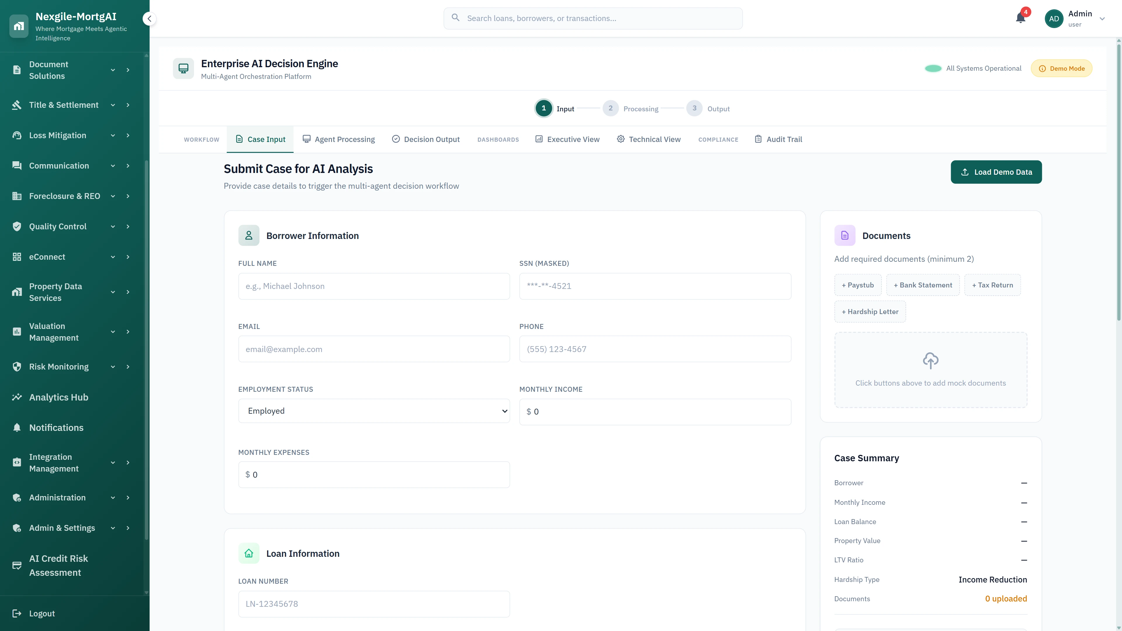Enterprise AI Decision Engine case input form for borrower information, document upload (paystubs, bank statements, tax returns), and loan details