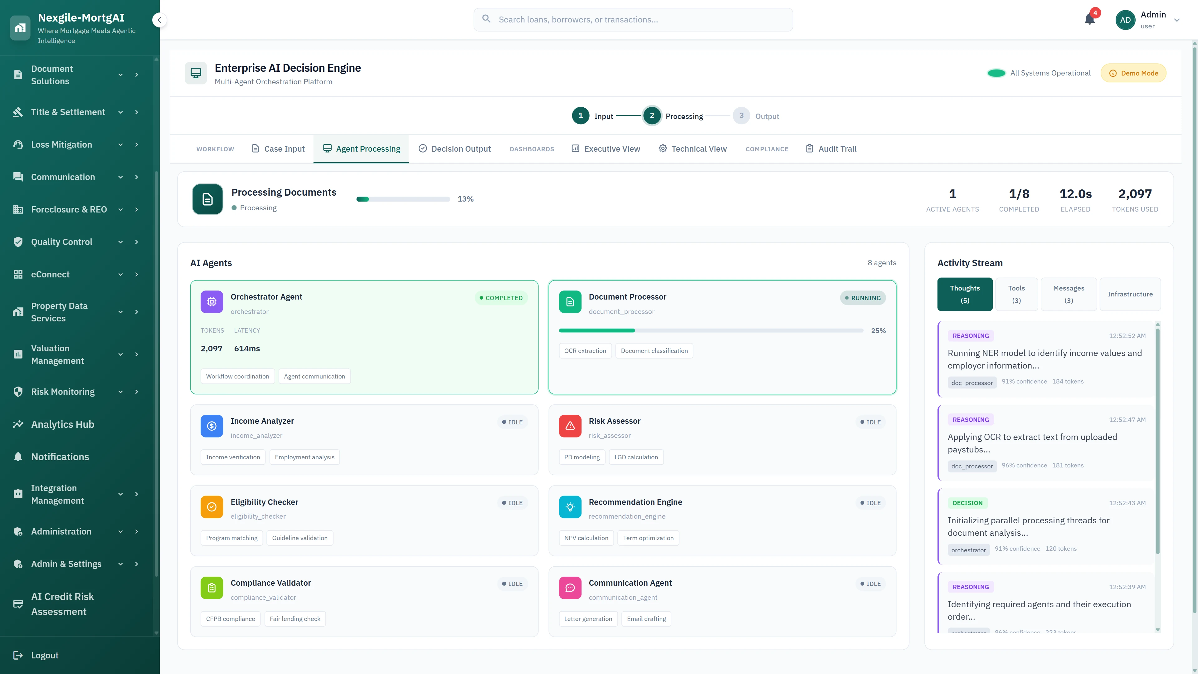 Multi-agent processing view showing 8 AI agents with real-time status, OCR document extraction, and activity stream with reasoning logs