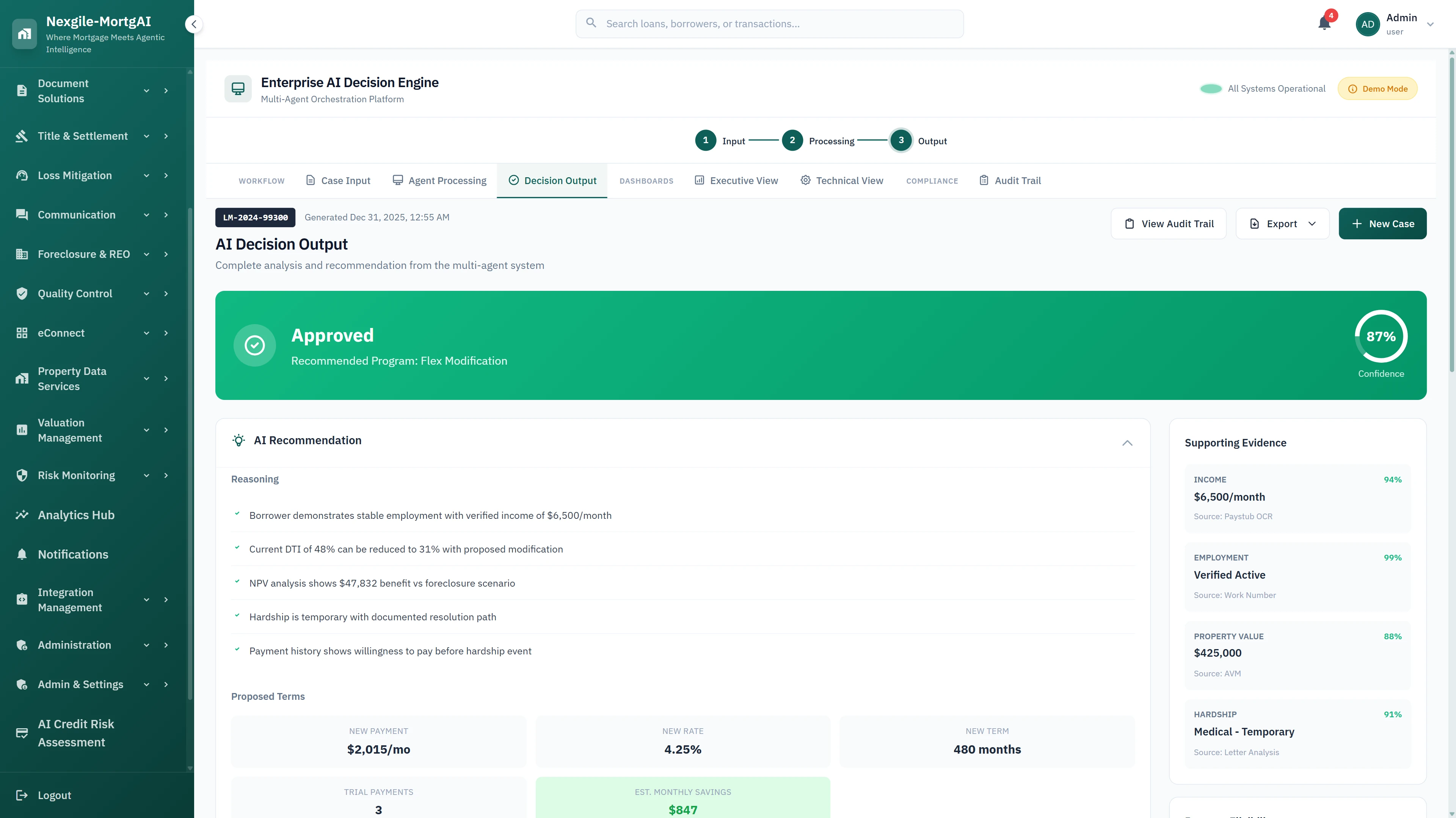 AI decision output displaying Flex Modification approval with NPV analysis, proposed payment terms, monthly savings, and supporting evidence