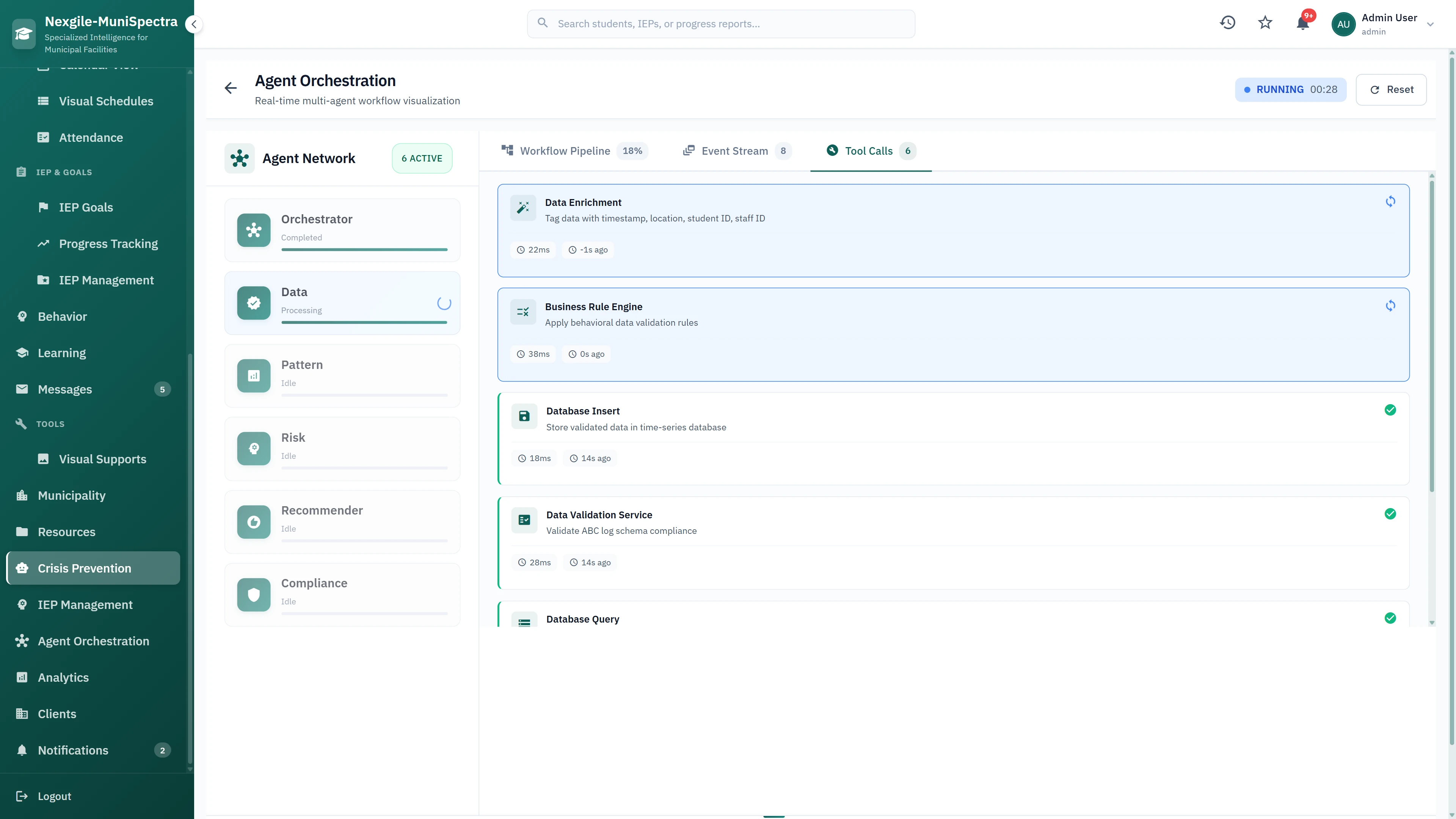 Agent Orchestration - Real-time multi-agent workflow visualization with active agent network, tool calls, and data enrichment pipeline