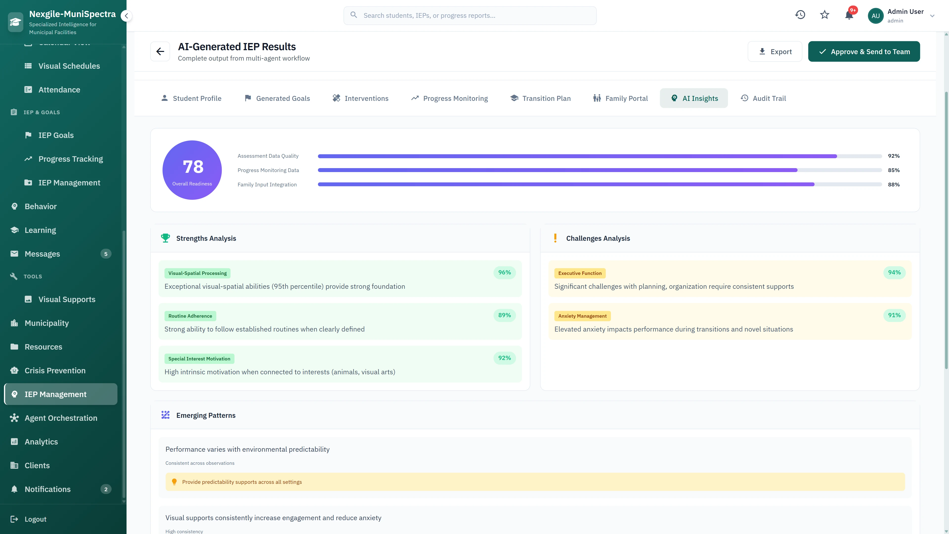 AI Insights Dashboard - Quality score analysis with strengths and challenges breakdown, emerging behavioral patterns, and progress monitoring recommendations