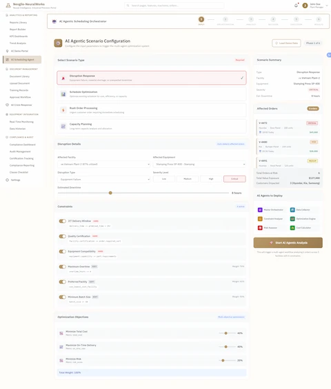 AI Agentic Scenario Configuration - Interactive setup interface for configuring production disruption scenarios with scenario type selection (Disruption Response for equipment failures and material shortages, Schedule Optimization for cost and efficiency, Rush Order Processing for urgent customer demands, Capacity Planning for long-term analysis). Shows detailed disruption configuration for Vietnam Plant-2 Stamping Press SP-400 equipment failure with Critical severity and 8-hour estimated downtime. Displays affected orders summary (3 orders: V-4472, V-4480, V-4491 totaling $127,000 value impacting 3 customers including Hyundai and Kia). Features comprehensive constraint configuration with toggle controls and weight sliders for JIT Delivery Window (HARD), Quality Certification (HARD), Equipment Compatibility (HARD), Maximum Overtime (SOFT 70%), Preferred Facility (SOFT 60%), and Minimum Batch Size (SOFT 30%). Includes multi-objective optimization controls with weighted sliders balancing Minimize Total Cost (40%), Maximize On-Time Delivery (40%), and Minimize Risk (20%). Shows AI Agents to Deploy panel listing Master Orchestrator, Data Collector, Constraint Analyzer, Optimization Engine, Risk Assessor, and Cost Calculator ready for deployment