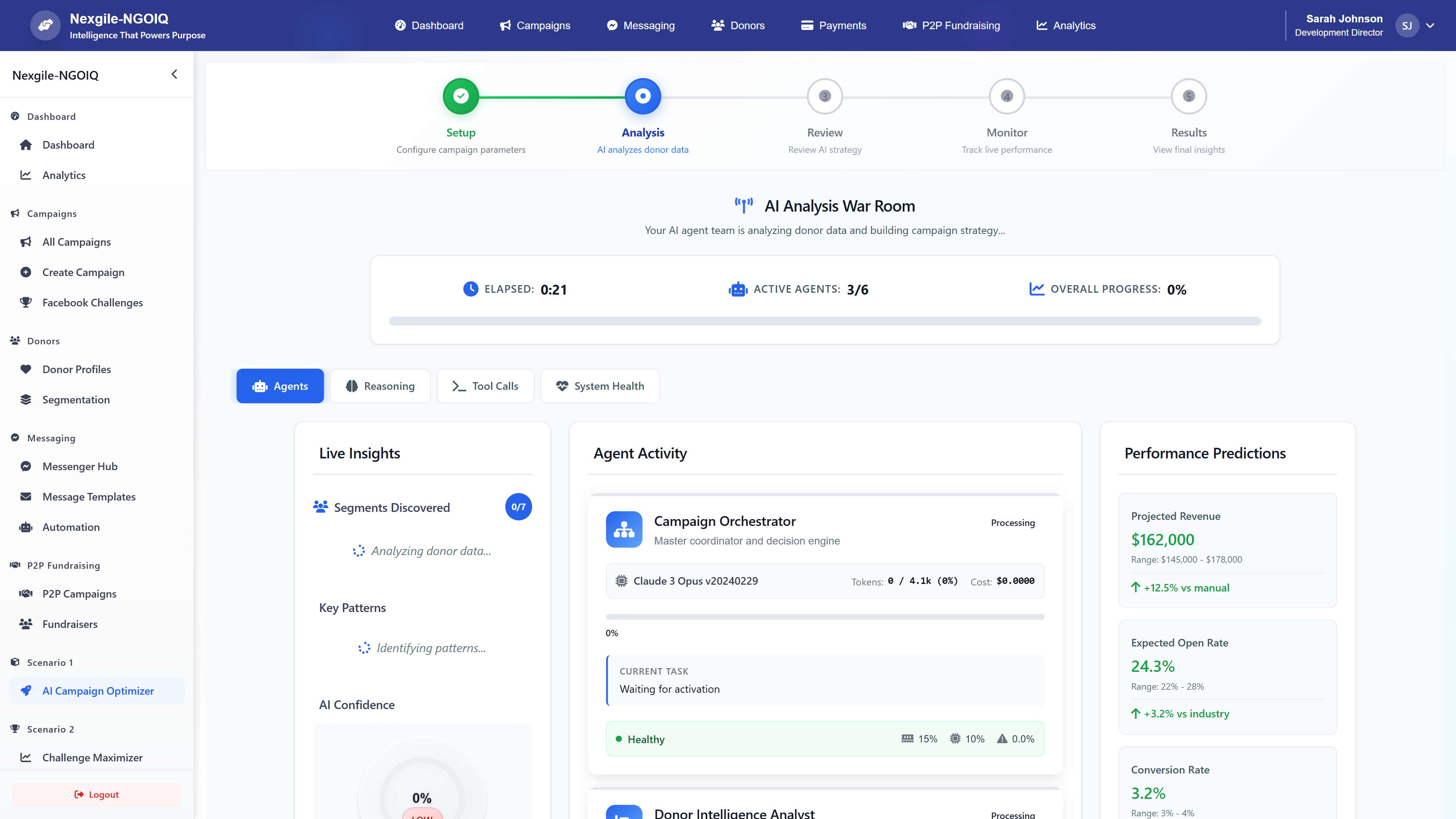 AI Analysis War Room - Real-time monitoring of AI agents analyzing donor data with live insights, agent activity tracking, and performance predictions