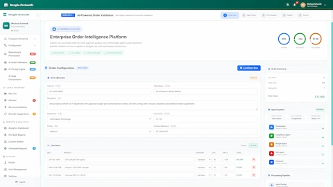 Order Input Configuration - Submit purchase orders with metadata, line items, and real-time agent system status showing multi-agent validation readiness