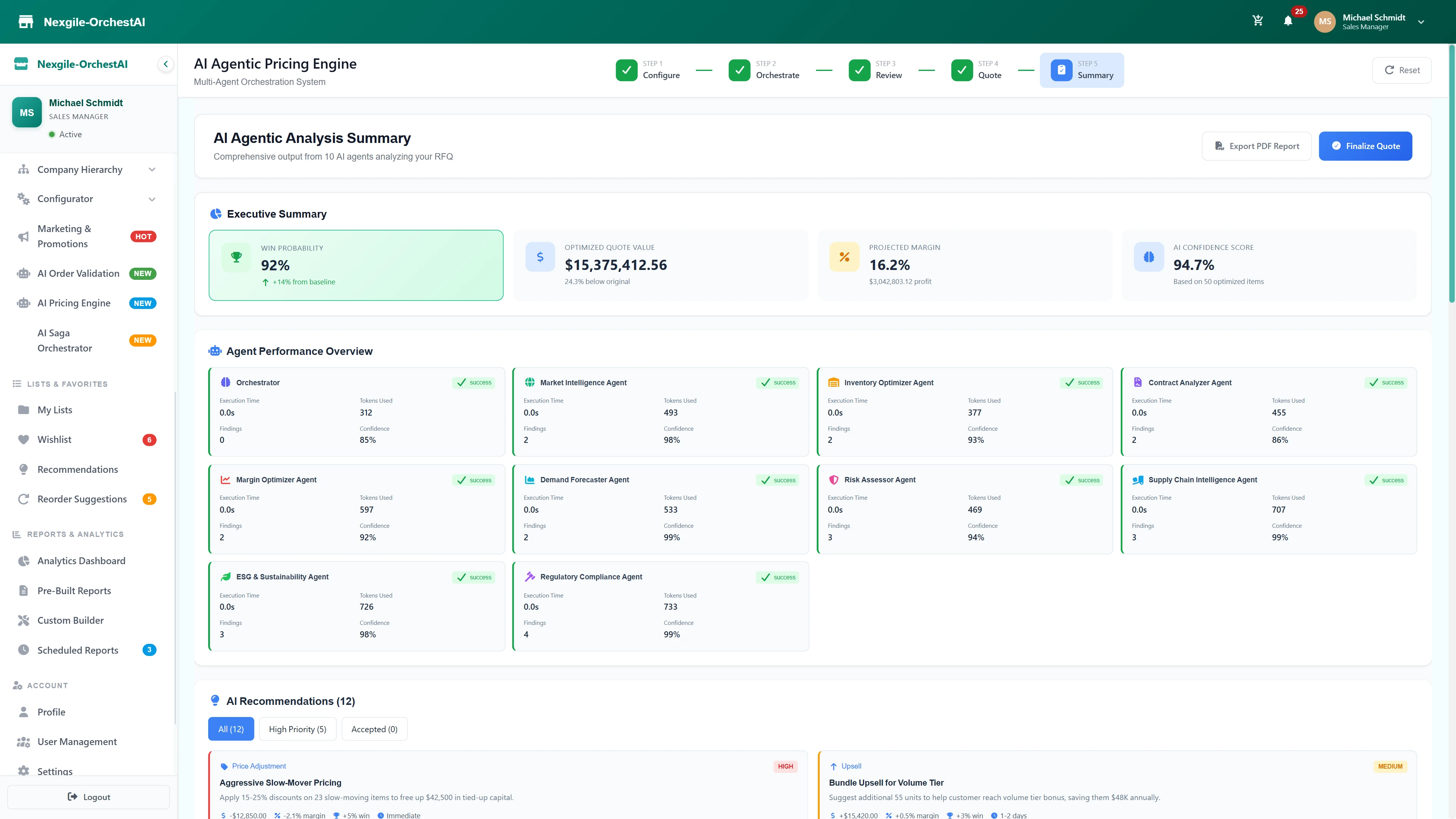 Comprehensive Analysis Summary - Executive metrics, detailed agent performance overview for all 10 agents, and prioritized AI recommendations for quote optimization