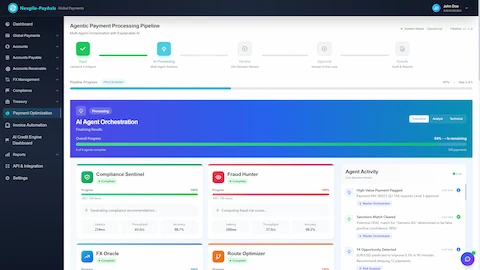 AI Agent Orchestration Processing - Multi-agent pipeline at 40% progress showing Compliance Sentinel and Fraud Hunter agents completing analysis with 98.7% and 98.2% accuracy, live decision stream displaying real-time payment flagging and FX optimization recommendations
