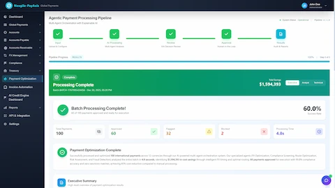 Batch Processing Complete Results - Final pipeline results showing 60% success rate with 60 of 100 payments approved for execution, $1,594,393 cost savings achieved through intelligent FX timing and optimal routing in just 4.8 seconds processing time