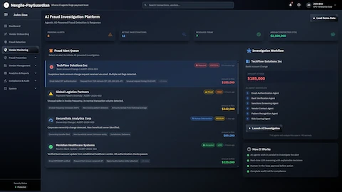 AI Fraud Investigation Platform - Case intake screen with fraud alert queue displaying multiple vendor alerts with severity levels (Critical, High, Medium, Low), investigation workflow showing 6 AI agents, and amount protected metrics ($2.1M YTD)