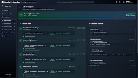 Action Execution - Automated protective actions execution queue showing completed tasks (Reject Bank Account Change, Block Pending Payments, Alert Security Team, Flag Vendor for Monitoring) with blockchain-verified immutable audit trail and chain integrity validation