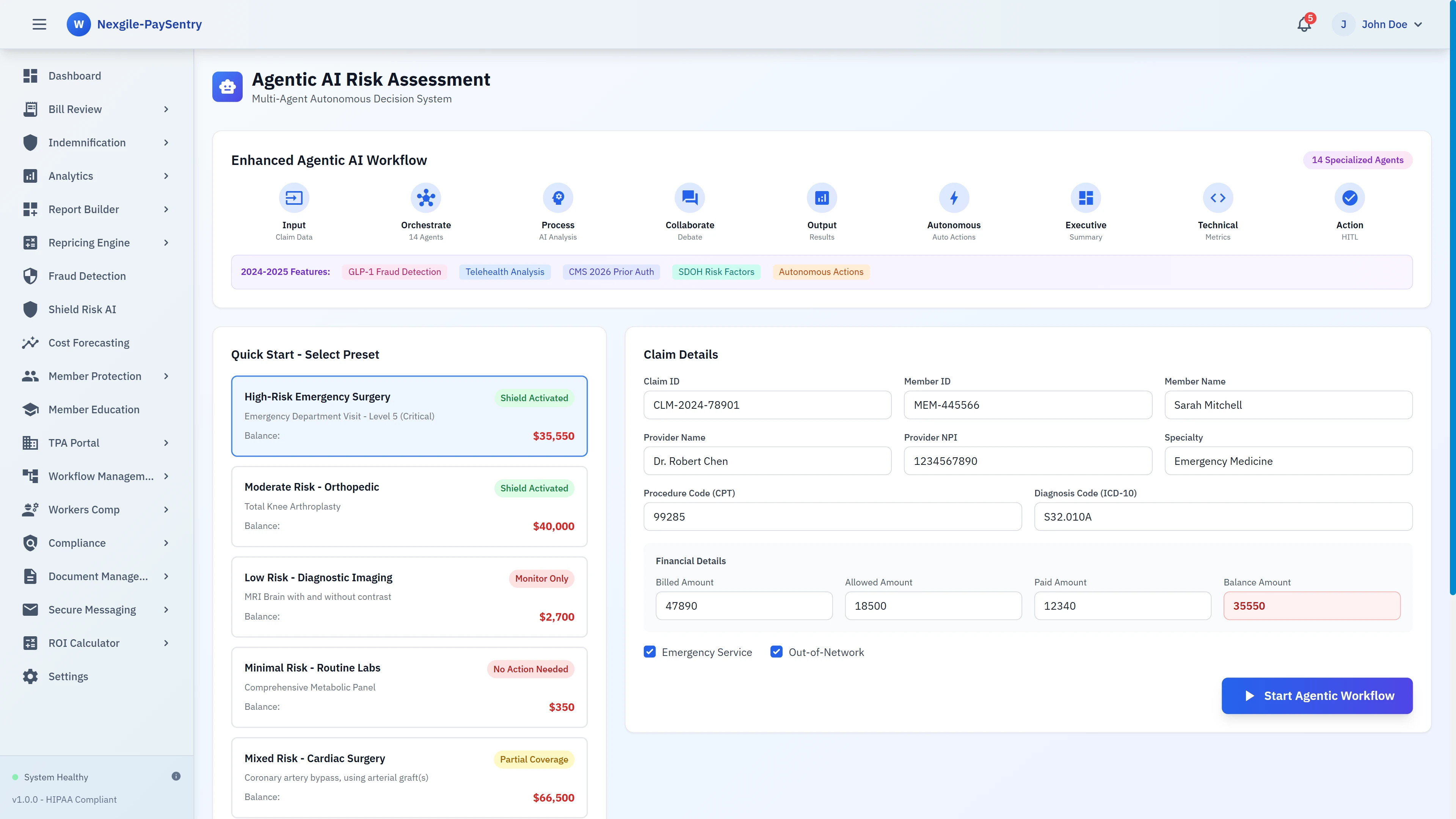 Agentic AI Risk Assessment - Workflow configuration interface with claim intake, preset selection, and enhanced features including GLP-1 fraud detection and telehealth analysis
