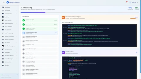 AI Processing - Agent pipeline showing 14 specialized agents with real-time reasoning trace and provider intelligence analysis including litigation history and behavior patterns