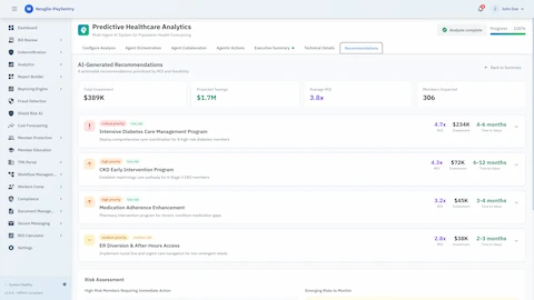 AI-Generated Recommendations - Prioritized intervention programs with ROI analysis, investment requirements, and time-to-value estimates for diabetes care, CKD intervention, and medication adherence
