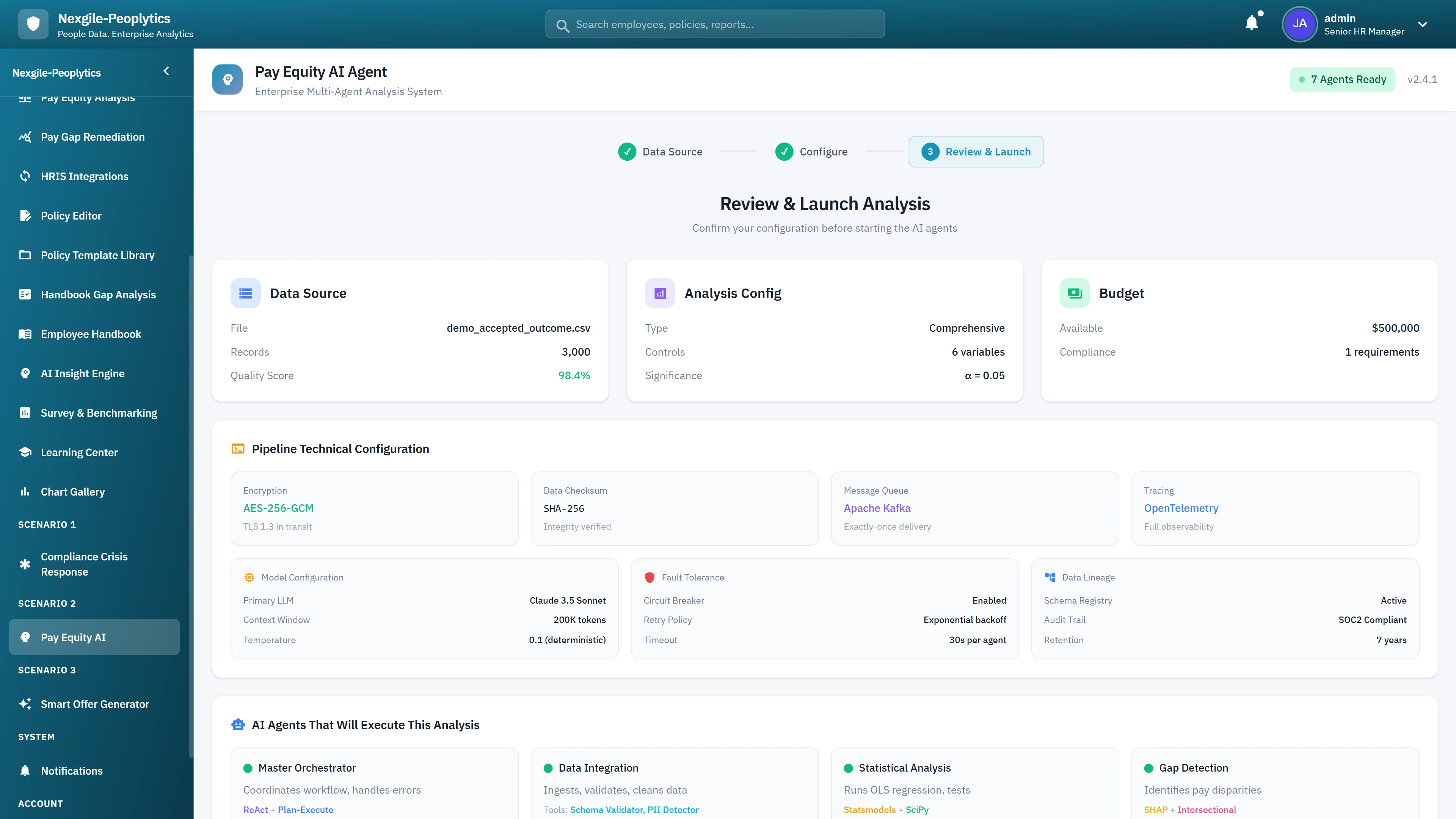 Review & Launch Analysis - Data source configuration, analysis settings, budget parameters, and pipeline technical configuration with AI agents overview