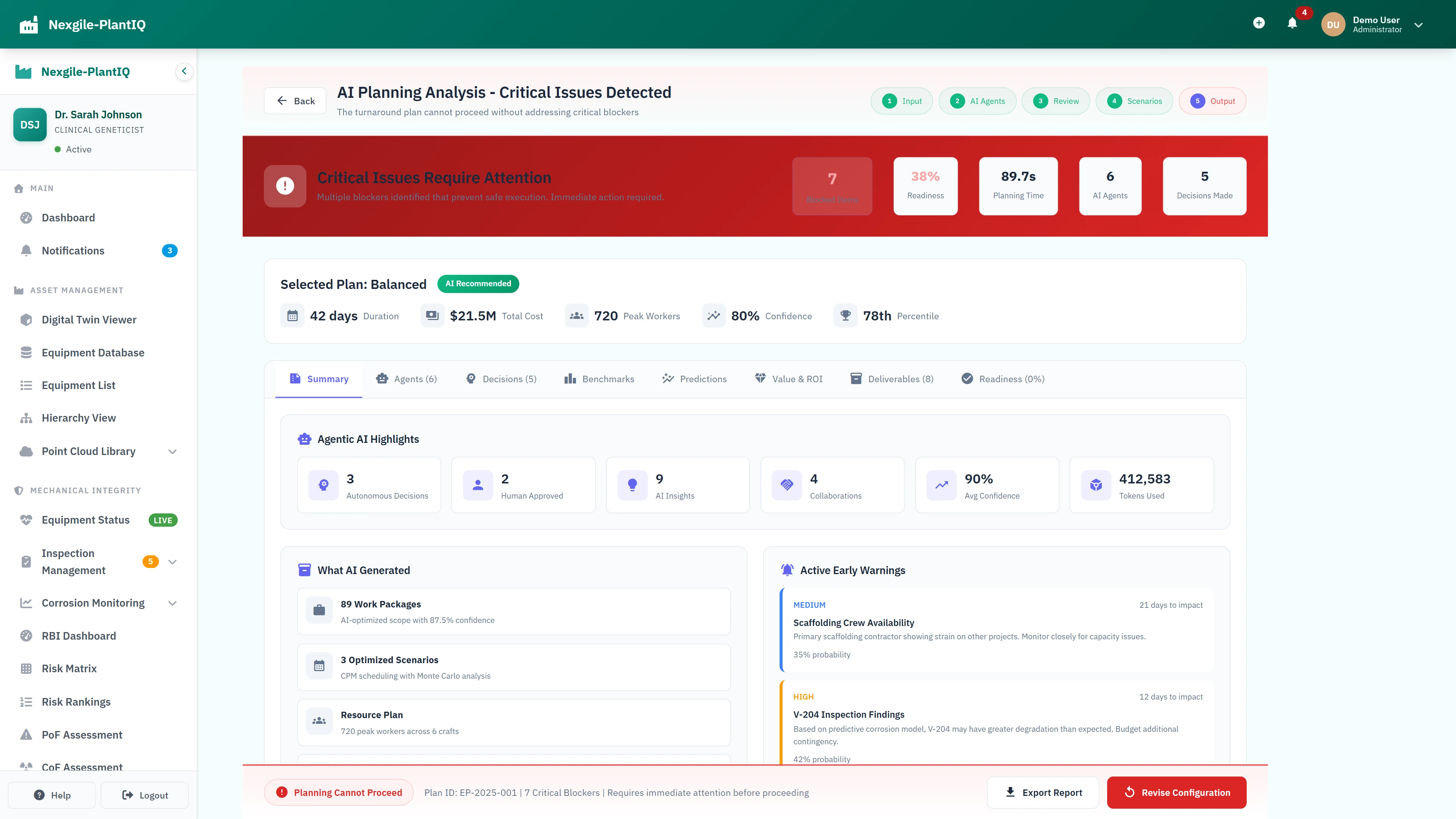 AI Planning Analysis - Critical issues detection with plan details and early warnings