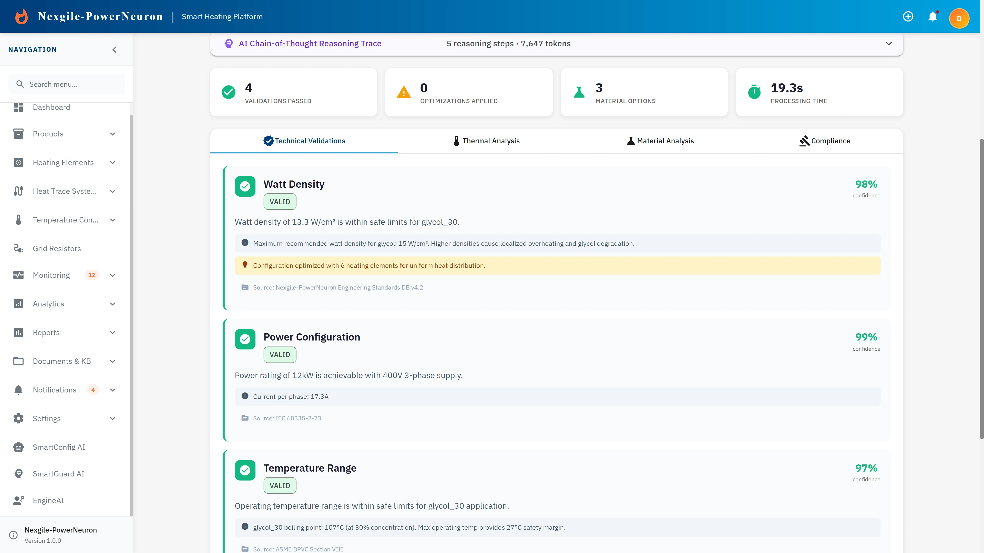 Technical validations panel with watt density and power configuration results.