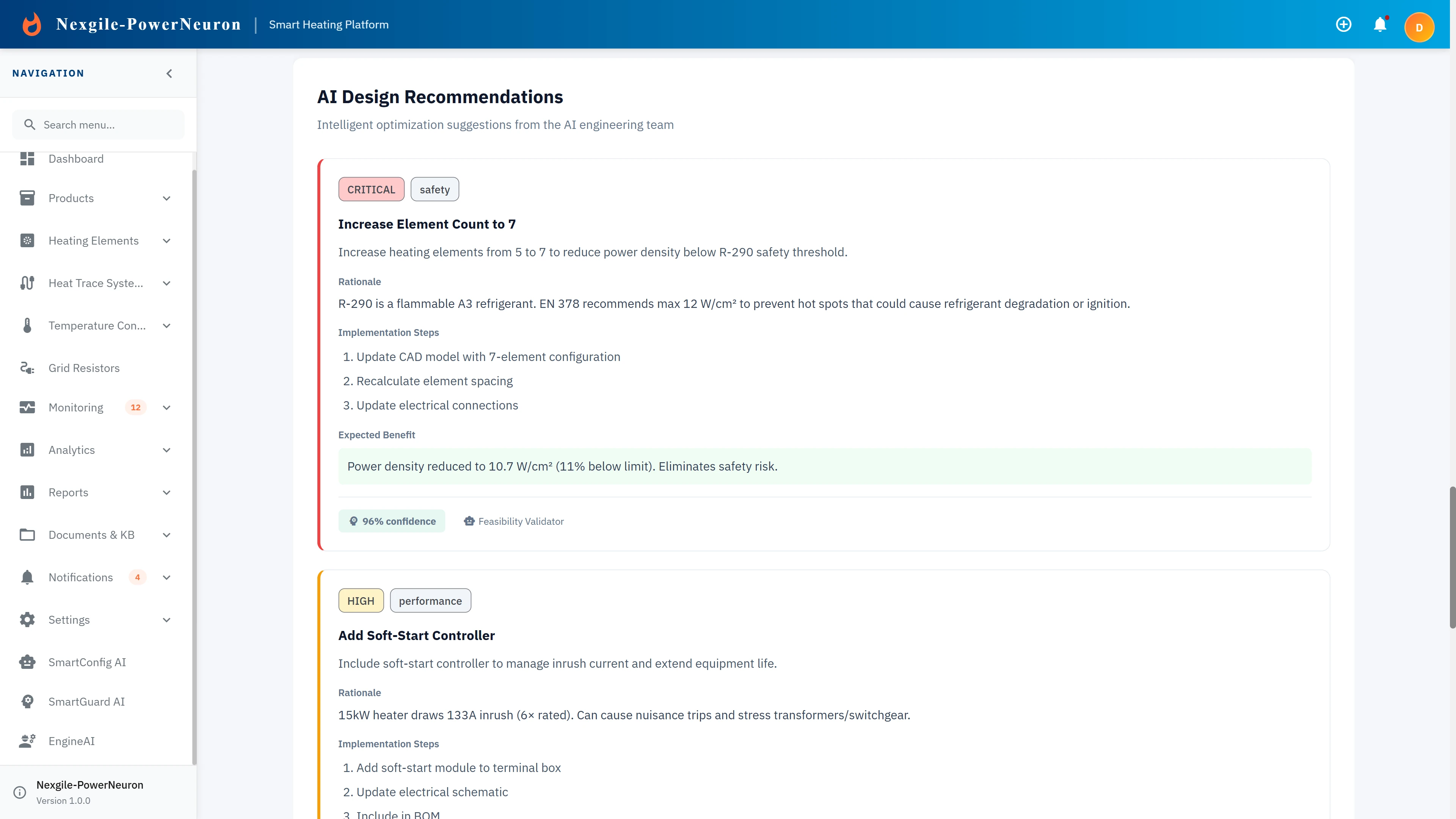 AI Design Recommendations panel with safety and performance optimization suggestions.