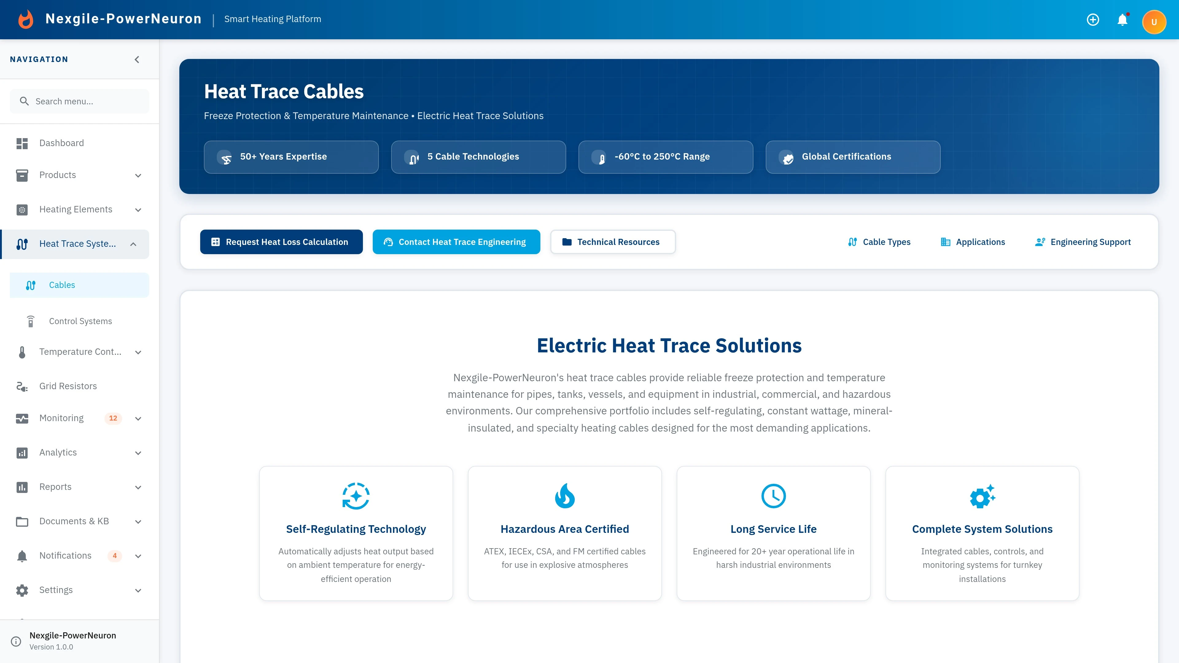 Heat Trace Cables Dashboard - Industrial heat tracing cable monitoring and management interface