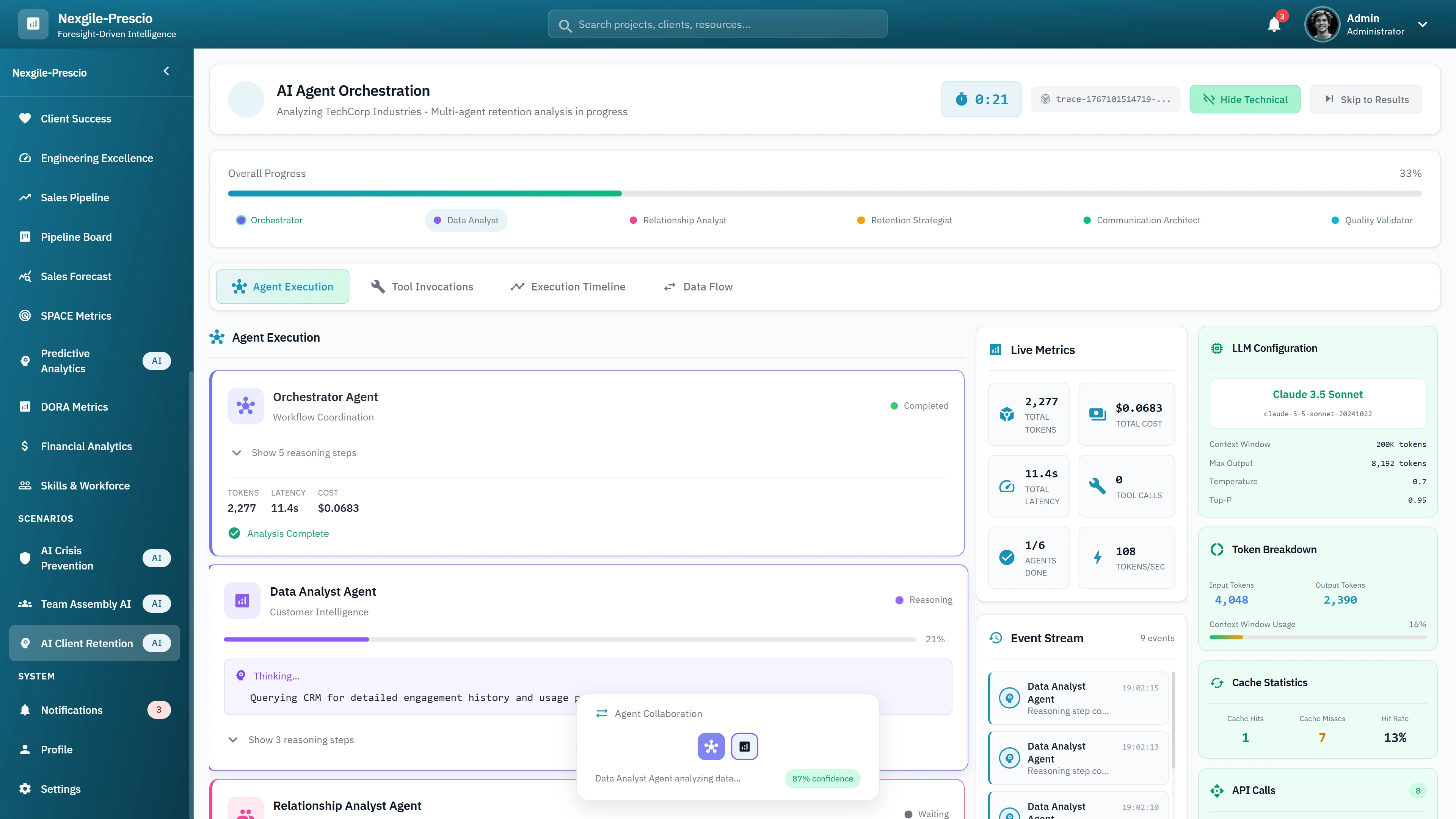 AI Agent Orchestration - Multi-agent workflow execution with live metrics, LLM configuration, event stream, and cache statistics monitoring