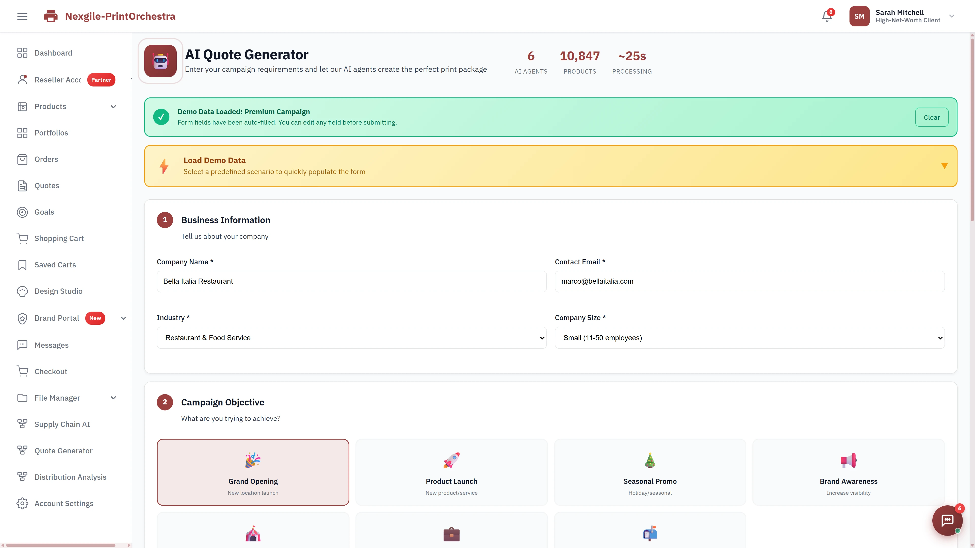 AI Quote Generator input form capturing business information (company name, industry, company size) and campaign objectives (Grand Opening, Product Launch, Seasonal Promo, Brand Awareness) with demo data loading capability.