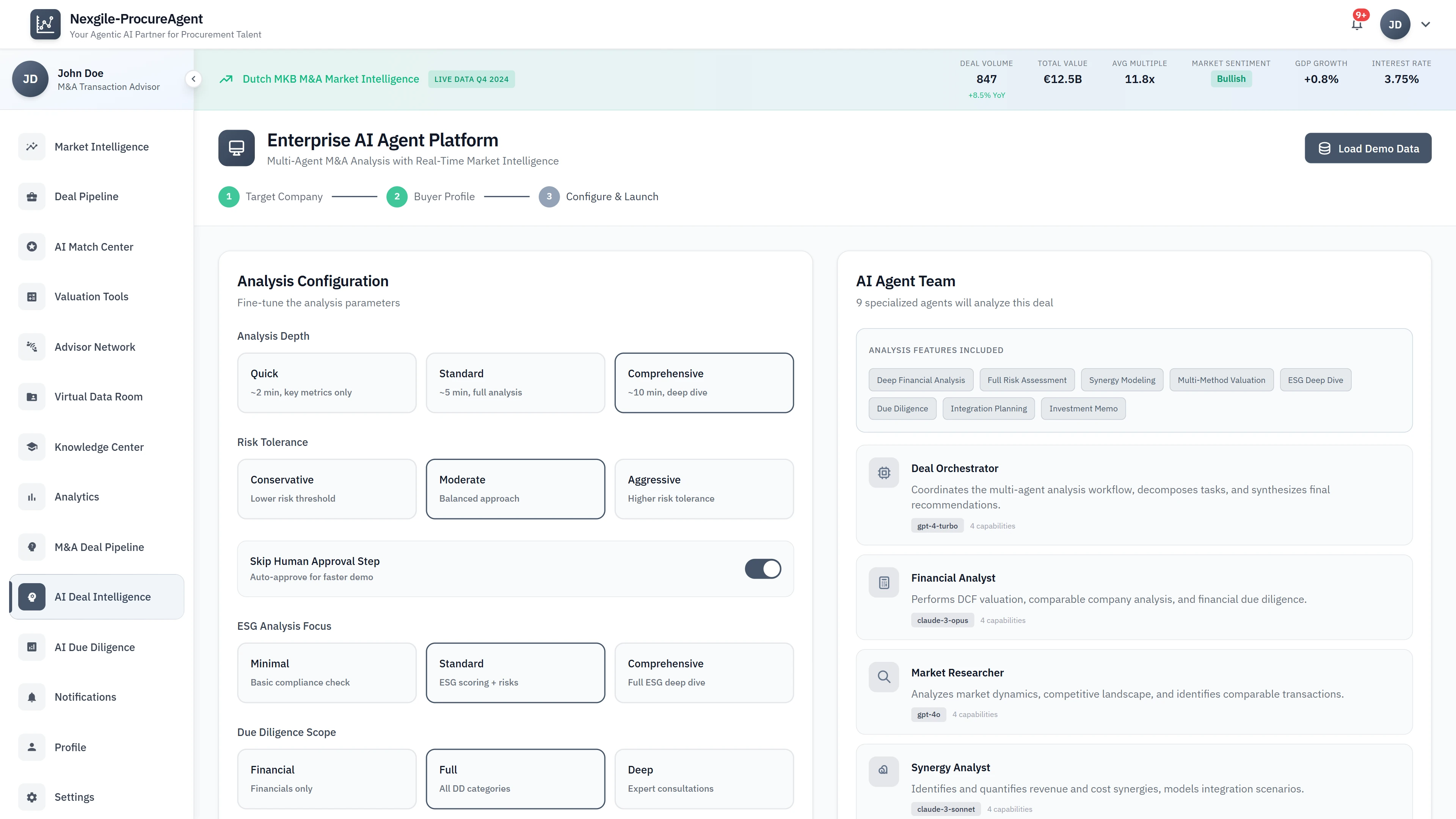 Analysis Configuration - Analysis depth, risk tolerance, ESG focus settings, and AI agent team overview