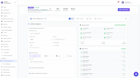 Workflow Configuration Screen - Restaurant profile setup with menu source selection, system health monitoring showing all services operational, and agent fleet displaying 9 AI agents ready for menu analysis workflow.