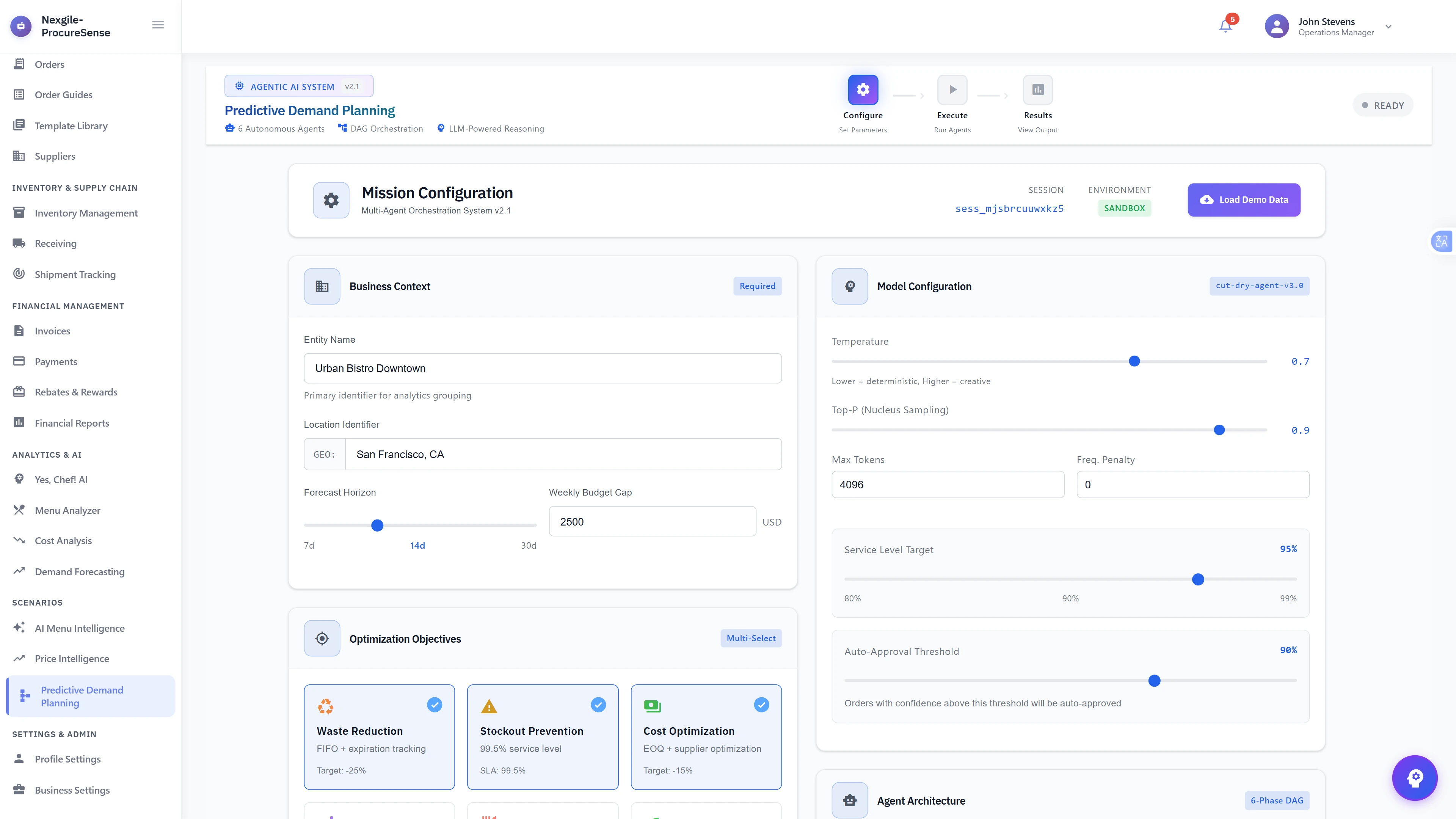 Mission Configuration Screen - Setup interface showing business context inputs, model configuration settings, optimization objectives selection (waste reduction, stockout prevention, cost optimization), and 6-phase agent architecture overview.