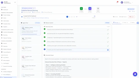 Live Mission Execution - Real-time orchestration at Phase 1 (8% complete) for Coastal Grill & Seafood with Mission Control agent coordinating workflow and reasoning chain showing 6 completed steps including mission analysis and agent configuration.