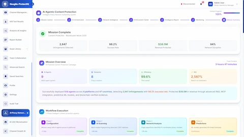 Mission completion summary displaying detection results, enforcement metrics, revenue protection, and 7-phase workflow execution timeline