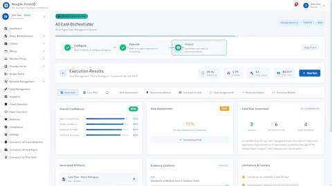 Execution Results - Comprehensive care plan output with risk assessment, personalized interventions, evidence citations, and team assignments