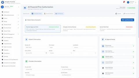 Demo Scenario Selection - Choose from pre-configured authorization scenarios including routine approvals, complex clinical reviews, and denial risk cases