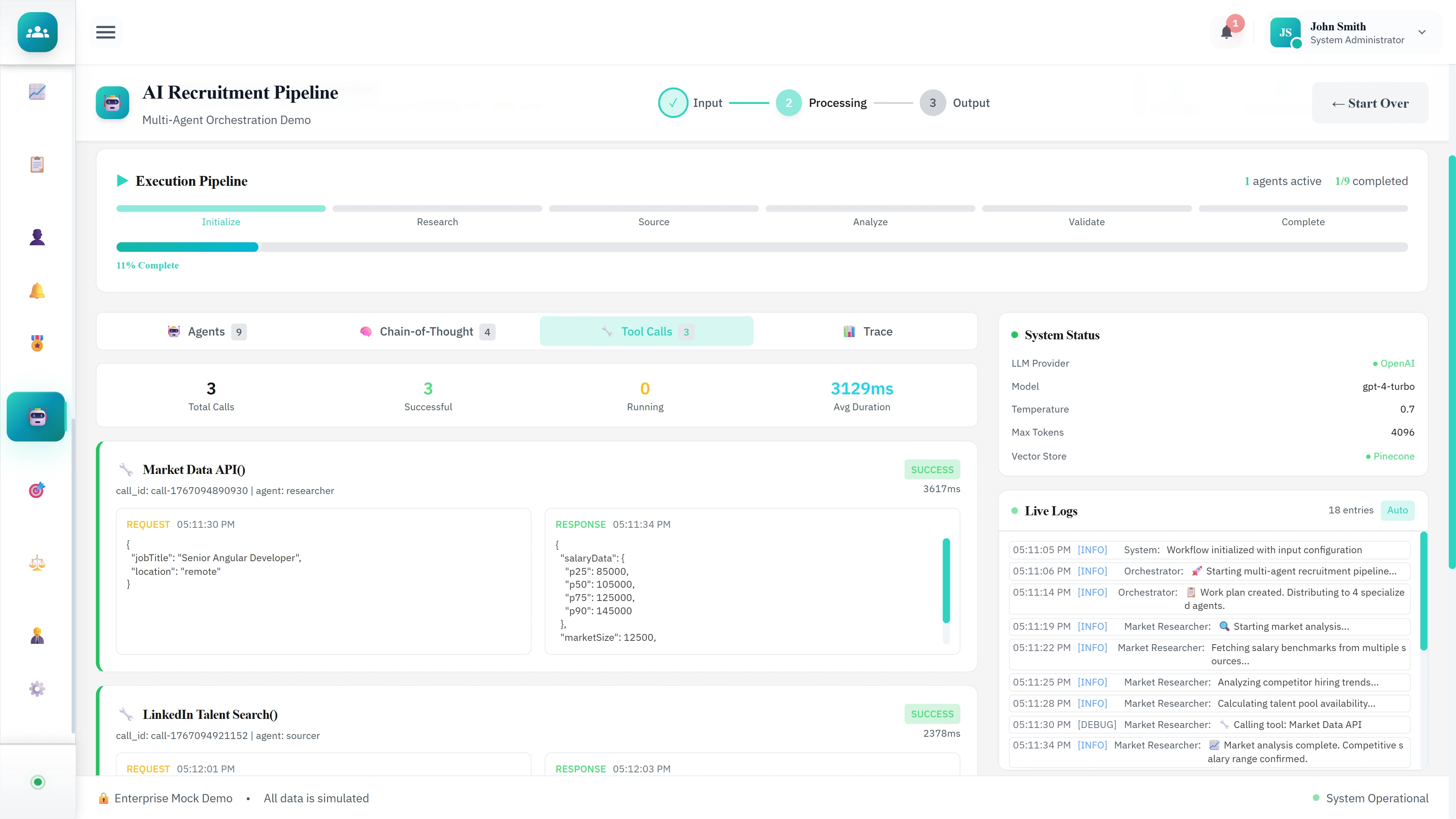 Tool Calls Dashboard - Market Data API and LinkedIn Talent Search with real-time candidate sourcing