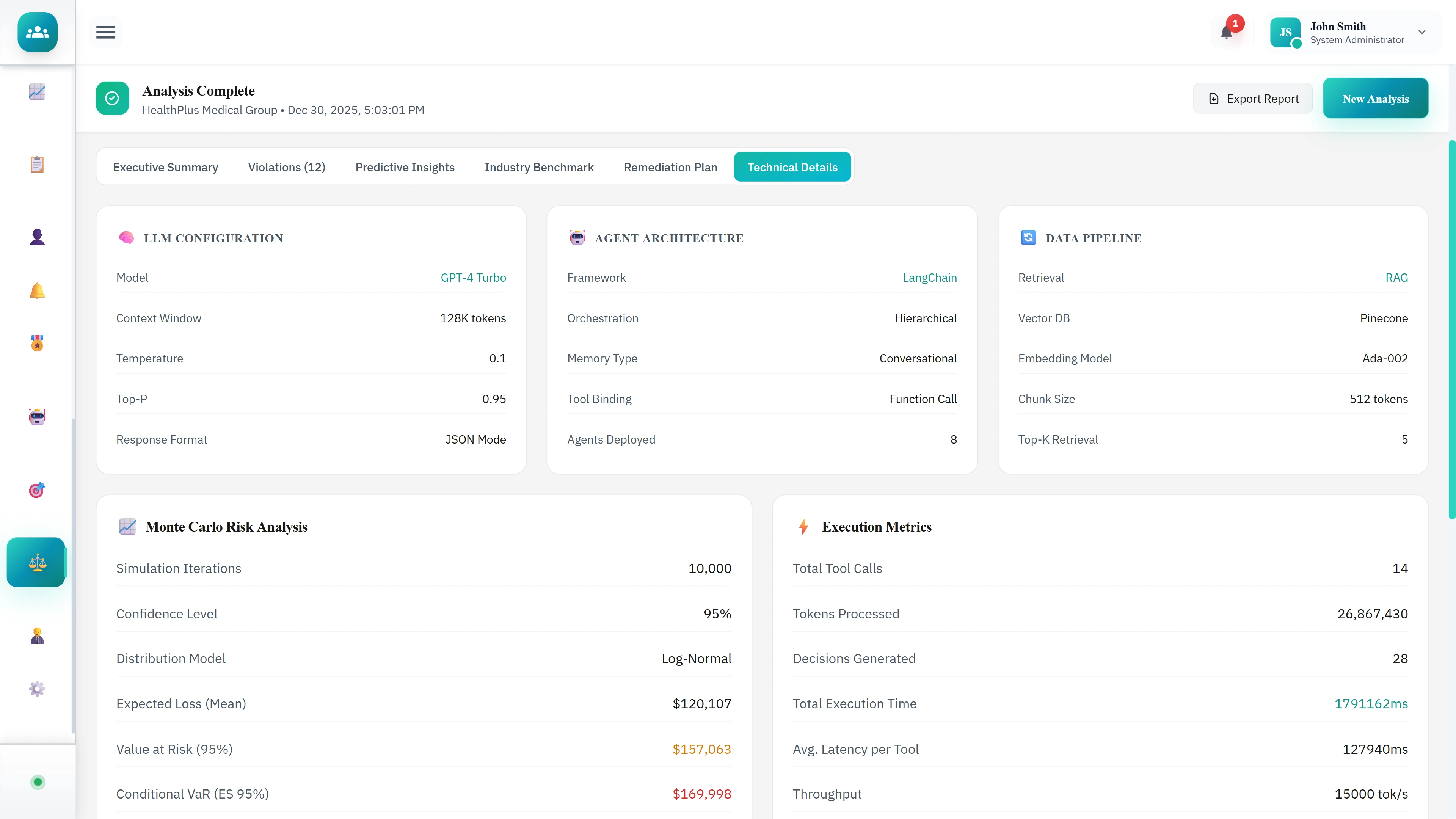 Technical Details - LLM configuration, agent architecture, data pipeline settings, and Monte Carlo risk analysis