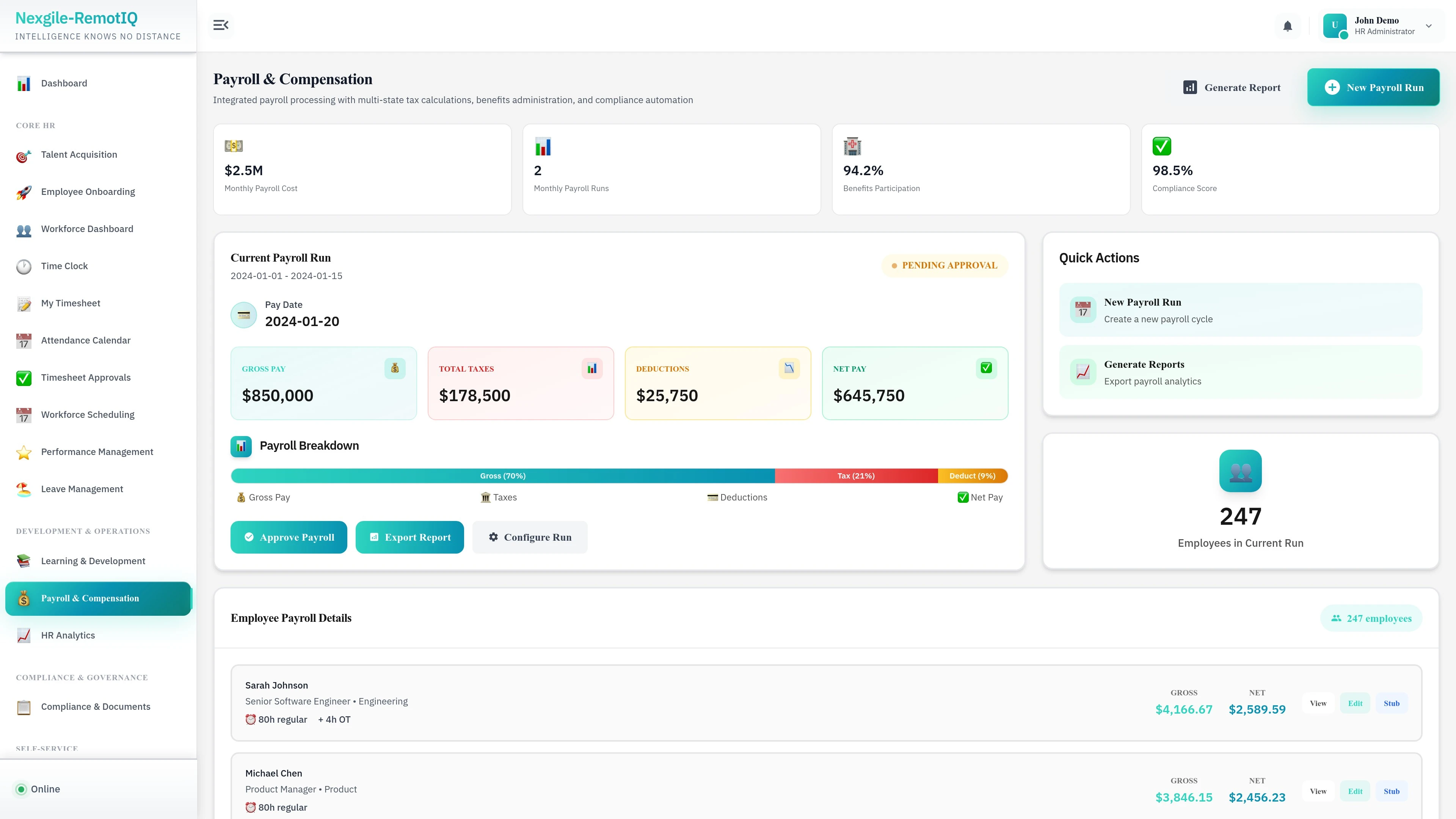 Payroll Management - Multi-state tax calculations and automated payroll processing
