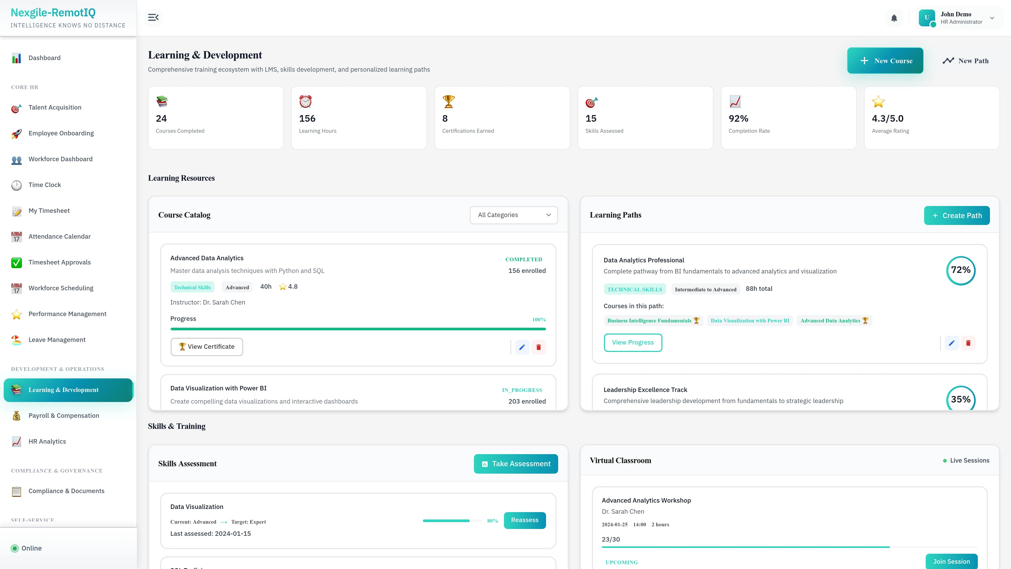 Learning page - Course management and learning path creation
